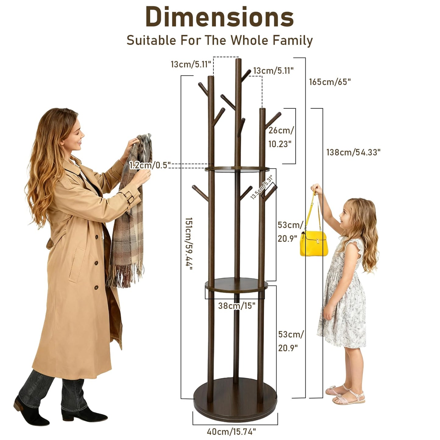 Simcat Freestanding Wooden Coat Rack 8 Hooks 3 Tier Storage Shelf Walnut