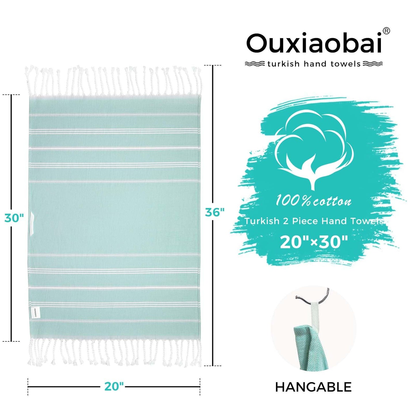 Ouxiaobai Hand Towels for Bathroom - Pack of 2 Turkish Hand Towels Set, Thin Decorative Tea Towel, 20 * 30 Inch Kitchen Cloth with Tassel (Aqua)