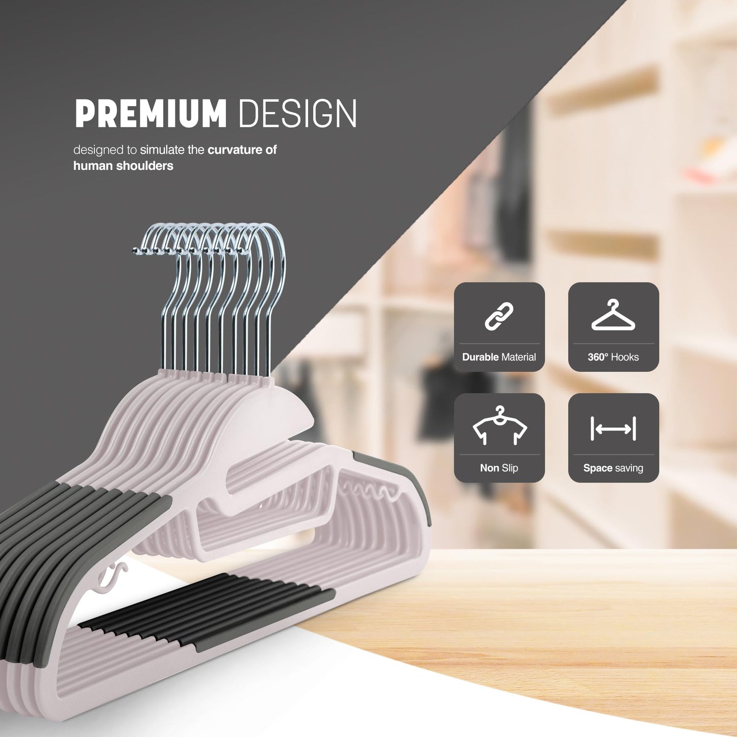 KEPLIN 20-Pack Non-Slip Hangers, Durable, Slimline Design for Space Saving with 360° Swivel, Tie Organiser, Strap Hooks, and S-Shape Opening (Blush)