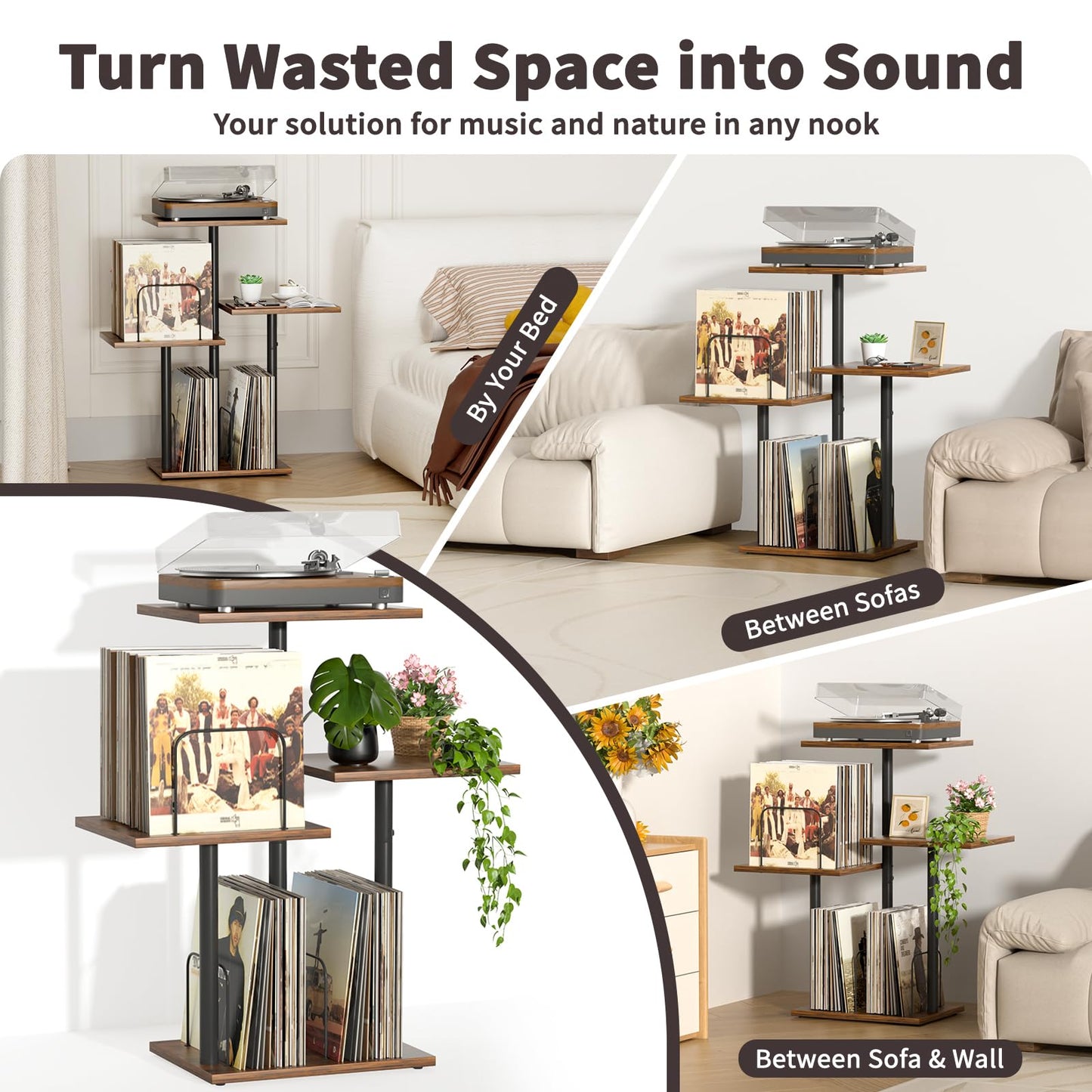 Bikoney Botanical Record Player Stand with LP Vinyl Display Shelf