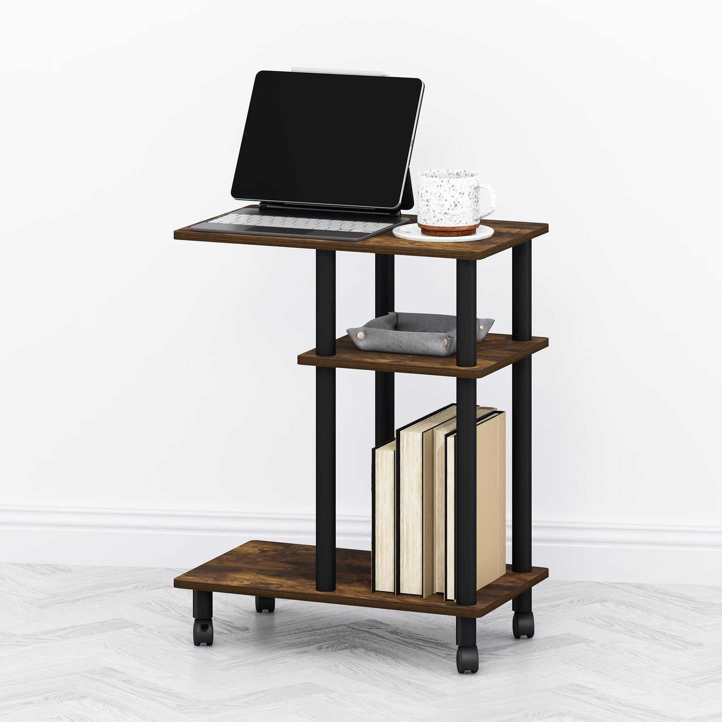 Furinno TOMI Side Table, 3-Tier C-Shape Open Shelf End Table with Wheels, Night Stand, Bedside Table, Toolless Assembly, for Living Room, Bedroom