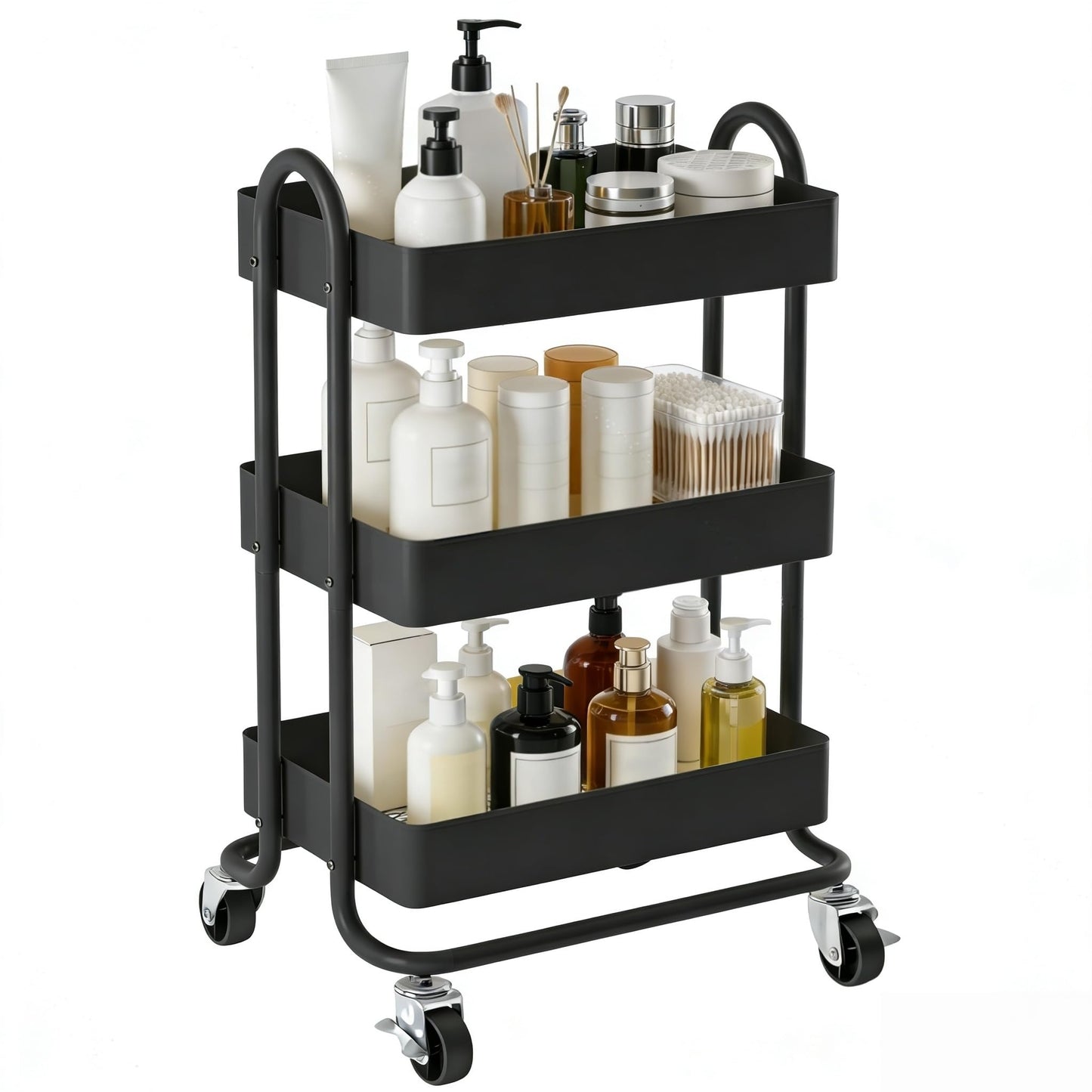 Mordchil EU 3 Tier Metal Utility Cart with Lockable Wheels for Storage, Rolling Utility Trolley Storage Cart for Home & Office, Black
