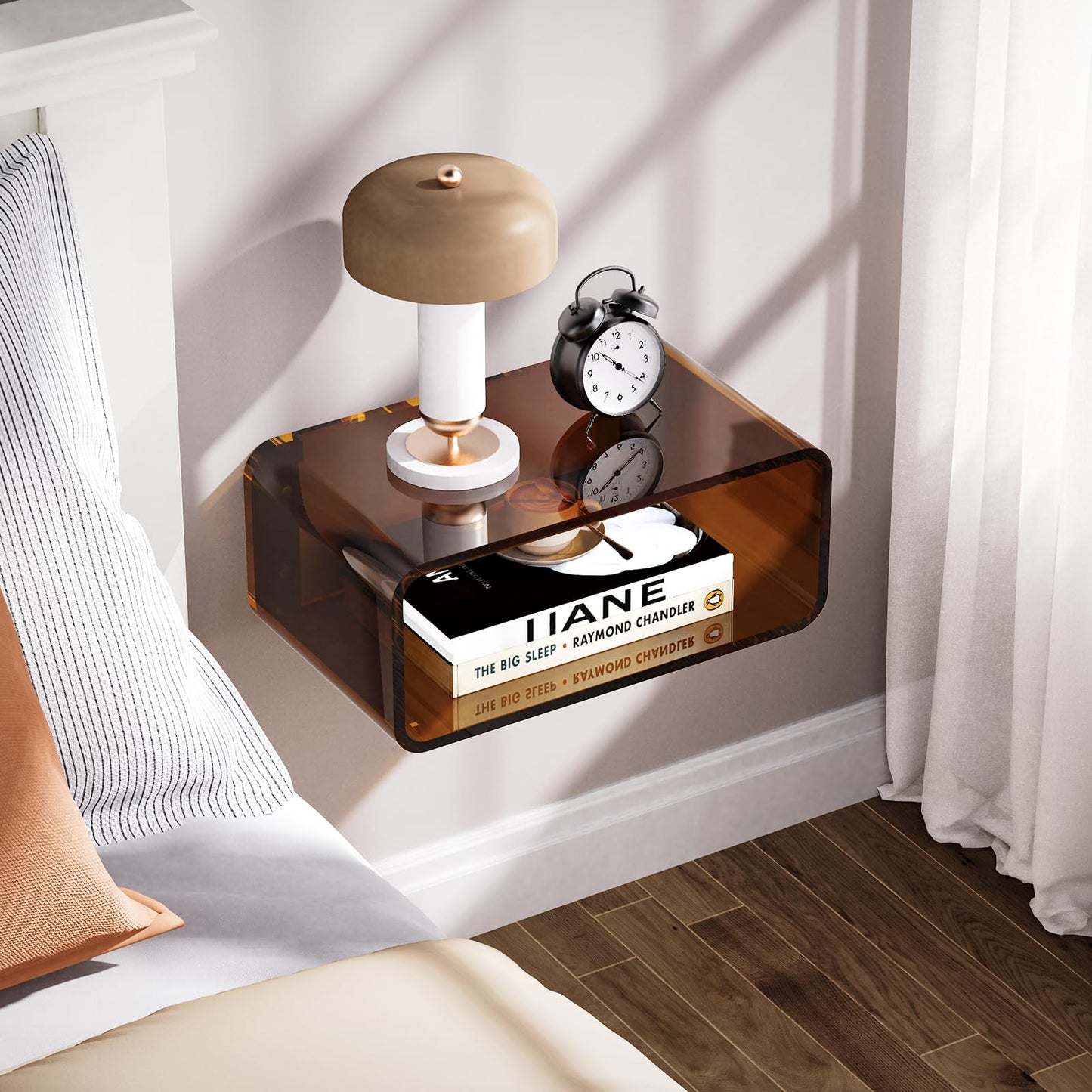Dewrhiixe Acrylic Floating Bedside Table, Wall Mounted Nightstand Bedside Shelf (Dark Brown, 41×24×17 cm)