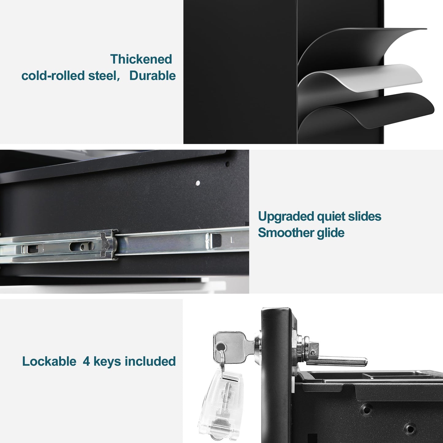 LVSTEEL Lockable 3-Drawer Metal Filing Cabinet on Wheels, Fully Assembled Mobile Office Storage for A4/Letter/Legal