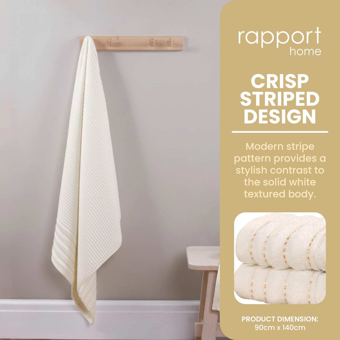 Rapport Home Linear Bath Sheets 2 Pack | Ivory Cream | 90x140cm | Luxurious 500GSM 100% Cotton | Oeko-Tex Certified Absorbent & Soft Bathroom Towels