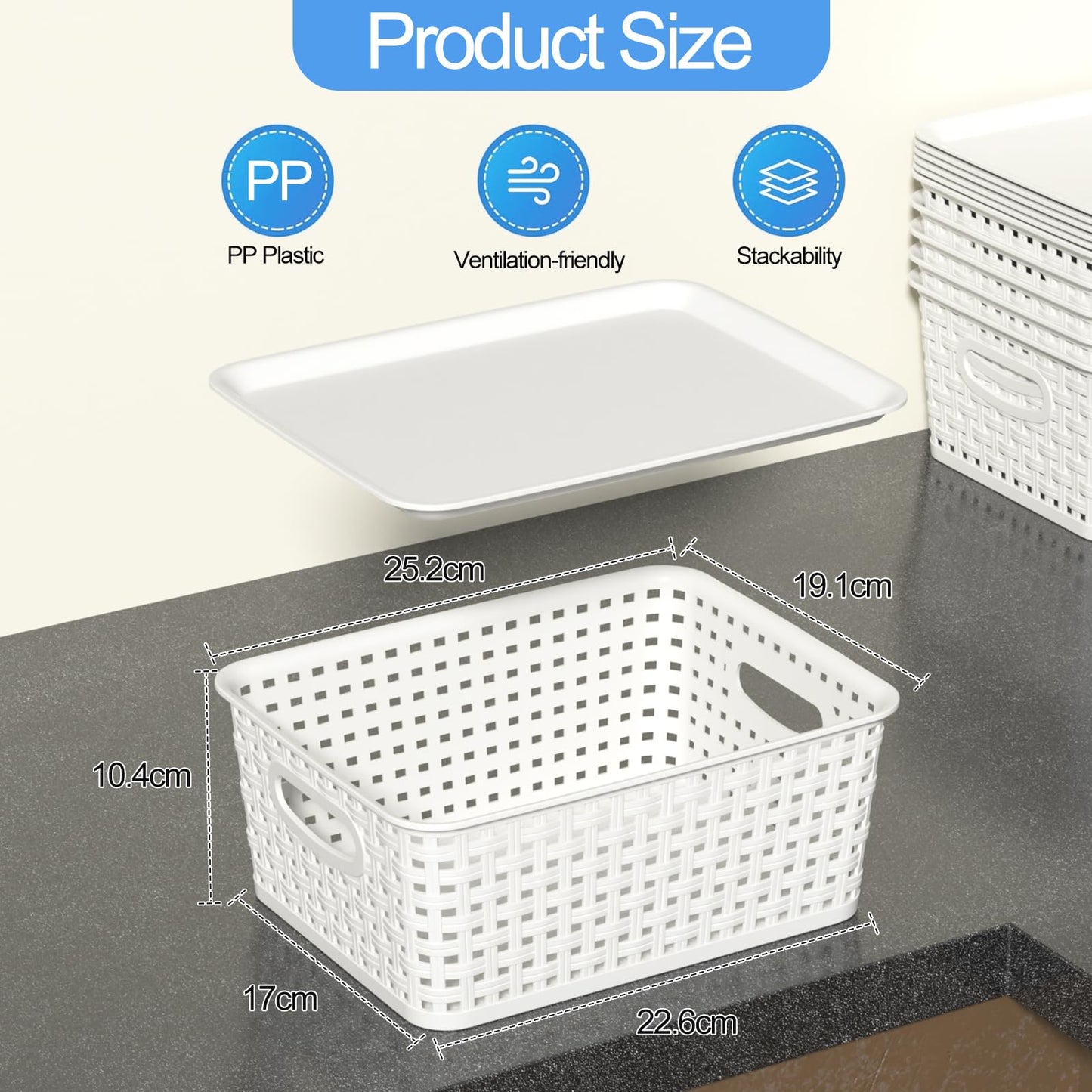 Wakikini Woven Plastic Storage Baskets with Lids, Small Weave Bins, White