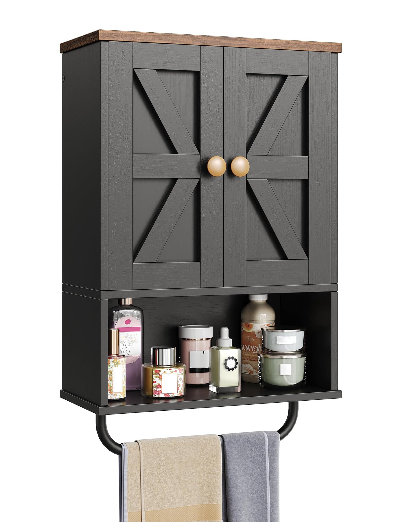 CHOEZON Bathroom Wall Cabinet, Medicine Cabinet with Open Partition and Towel Bar, Rustic Storage Cabinet with Open and Hidden Storage Space