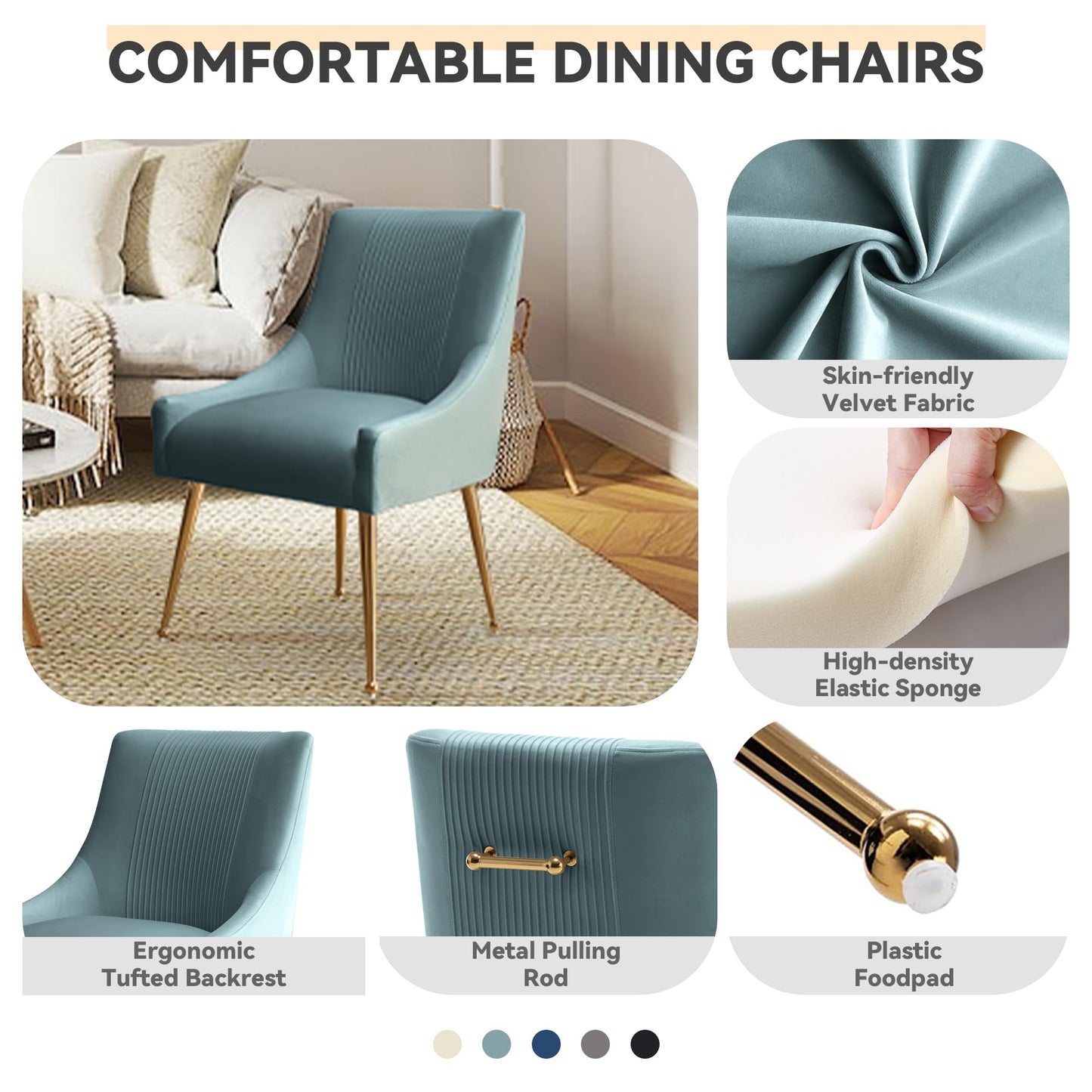 SEYNAR Modern Dining Chairs, Velvet Upholstered Dining Room Chairs with Gold Legs,Tufted Accent Chair Set of 2 for Reception Room Living Room Study