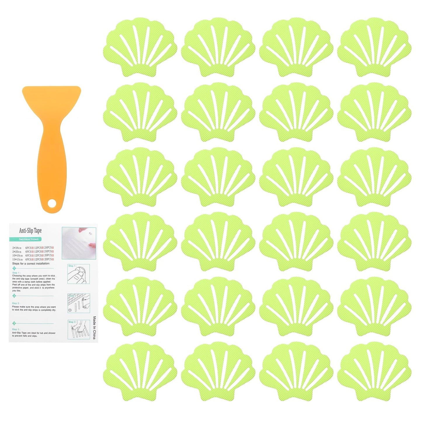 sourcing map 24Pcs Non-Slip Bathtub Stickers, 9x7 cm Shell Shape Shower Floor Non Slip Stickers with Scraper for Bathroom Shower Stairs Ladders, Grass