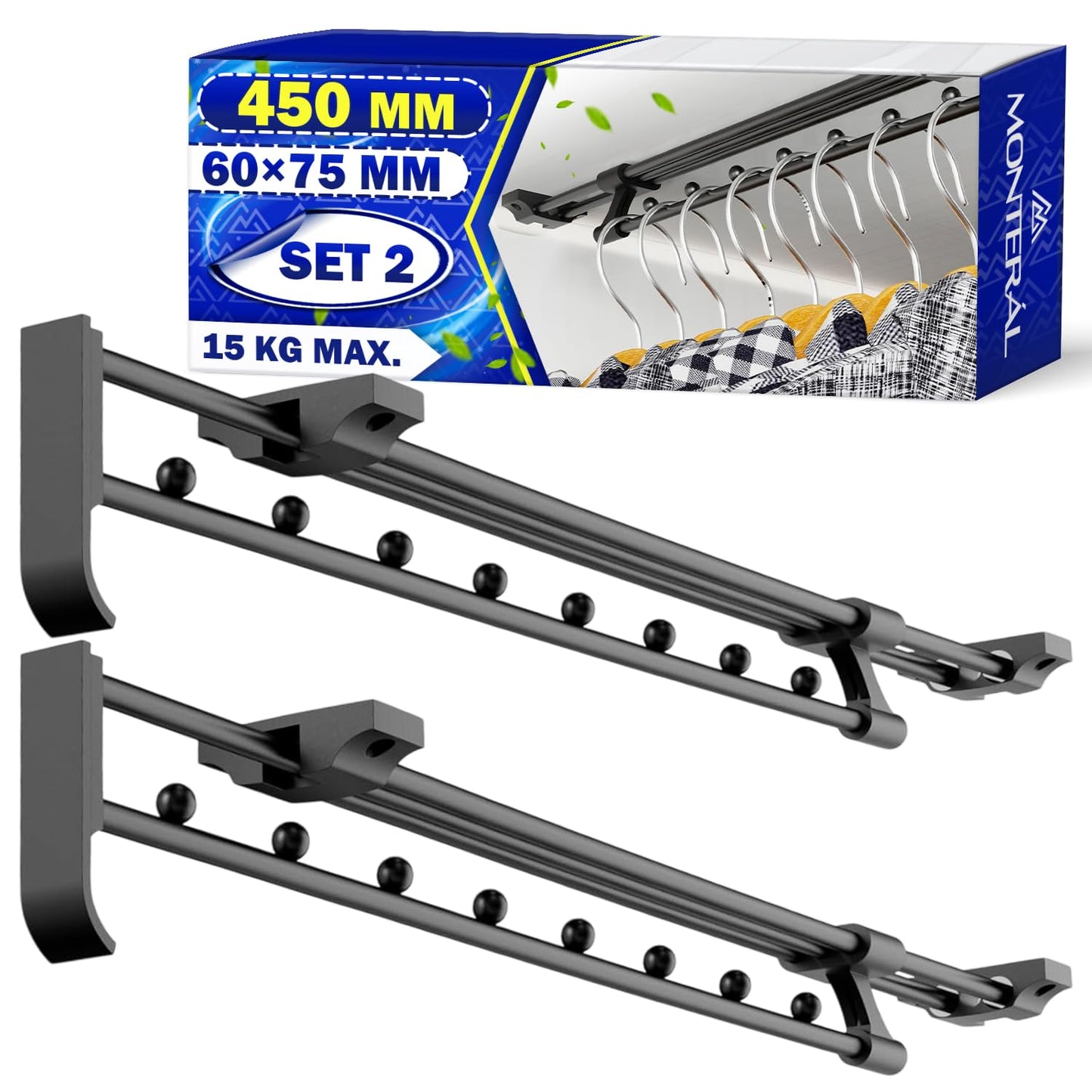 2x Pull Out Clothes Rail for Clothes Wardrobe 450 mm Load Maximum 15 kg