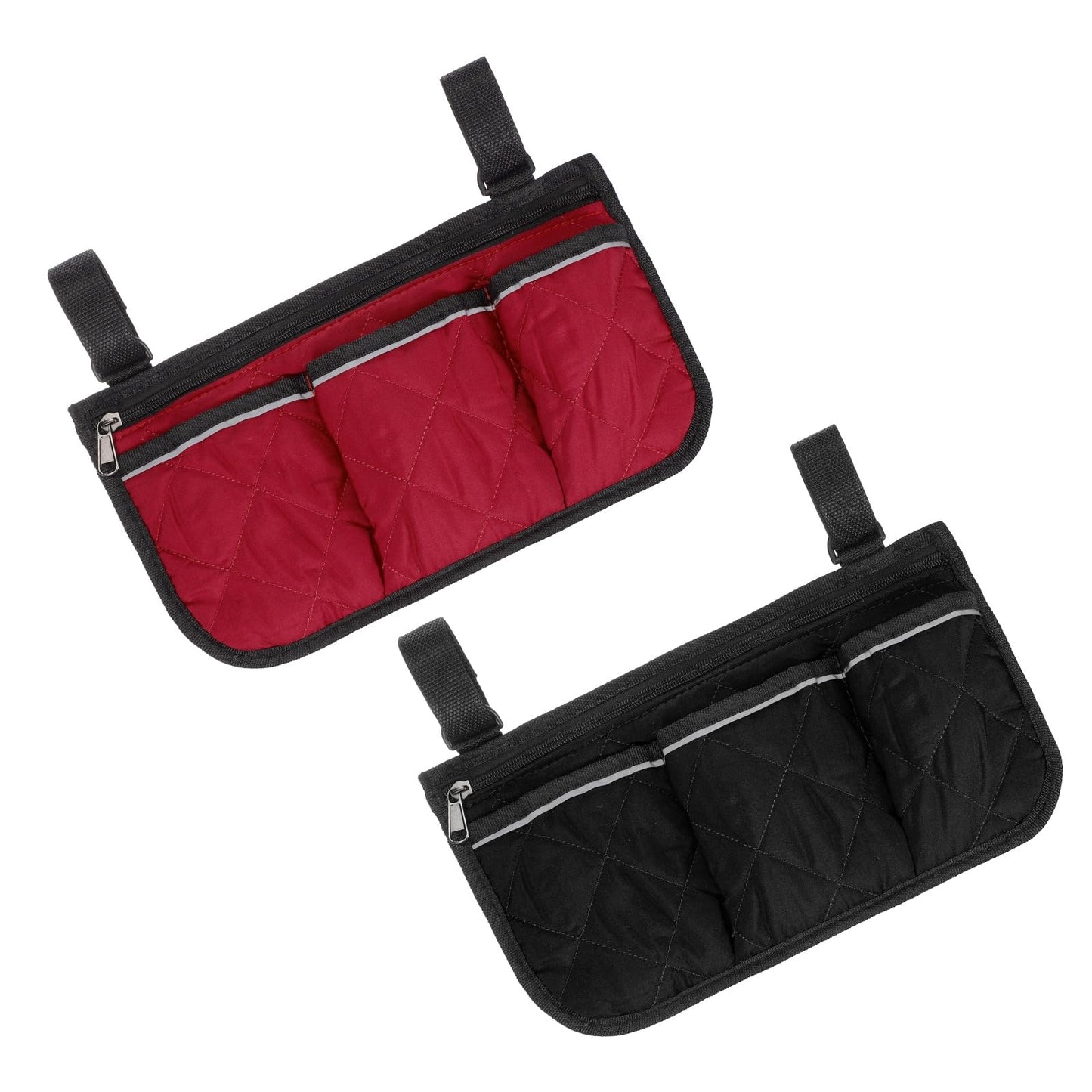 YELARXI Beach Chair Armrest Bag, Beach Side Bag Hanging Storage Organizer with Reflective 4 Pockets Waterproof Pouch 13 x 7" & 2Pcs & Black/Red
