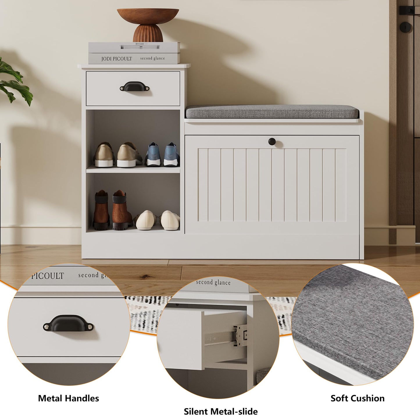 MINCETA Storage Benches, Modern Wooden Shoe Cabinet with Flip Drawer and Adjustable Shelf, Entry way Bench with Padded Seat Cushion for Entryway