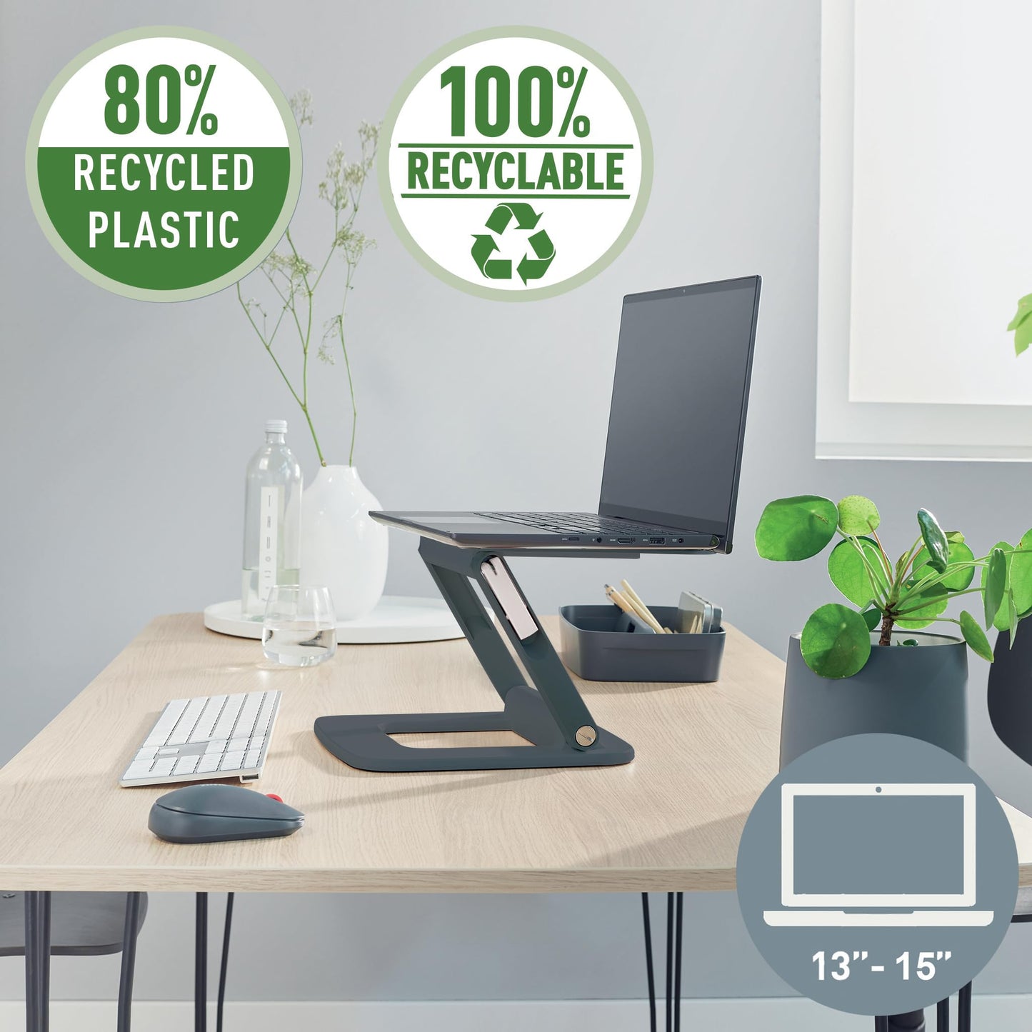 Leitz Height Adjustable Multi-Angle Laptop Stand, 80% Recycled Plastic, Six Pre-Set Height & Angle Combinations, Compact Footprint, 100% Recyclable