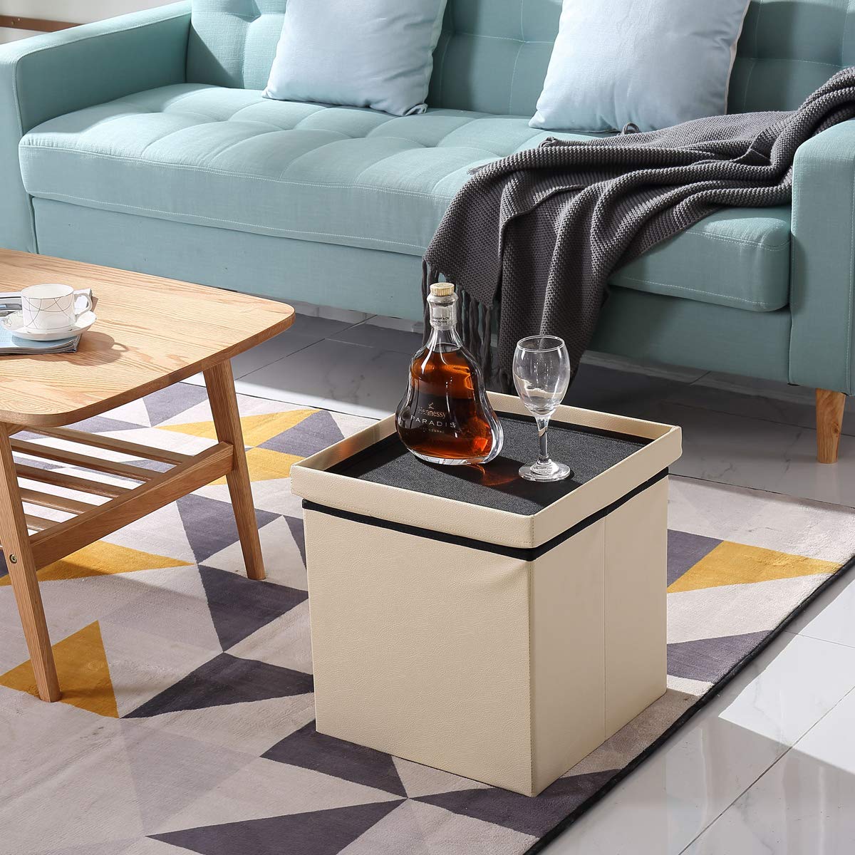 BRIAN & DANY Folding Ottoman Storage Box with Lid, Faux Leather Footstool Toy Storage Box Storage Seat 38 x 38 x 38 cm (Beige)