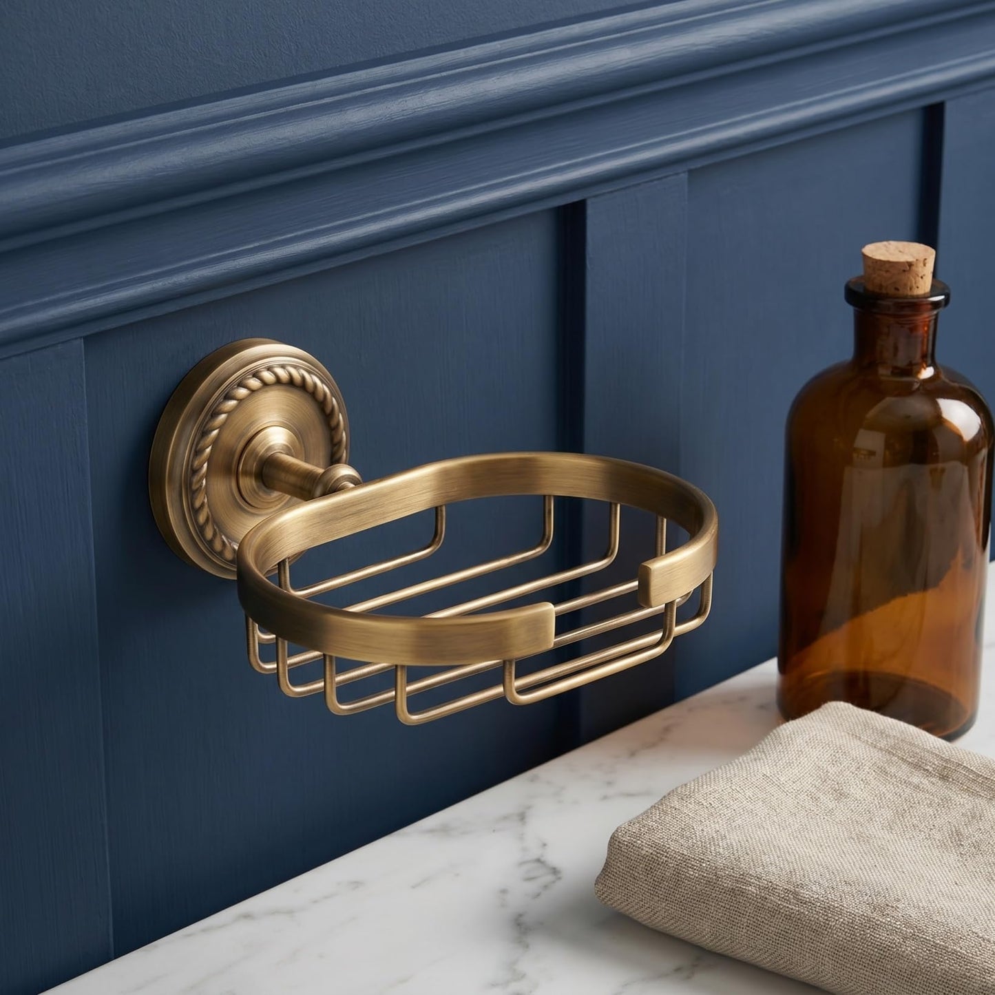 WOONEKY Solid Brass Wall Mounted Soap Holder Vintage Style Soap Basket with Retro Wave Pattern Concealed Screws Drainage Design for Bathroom Shower