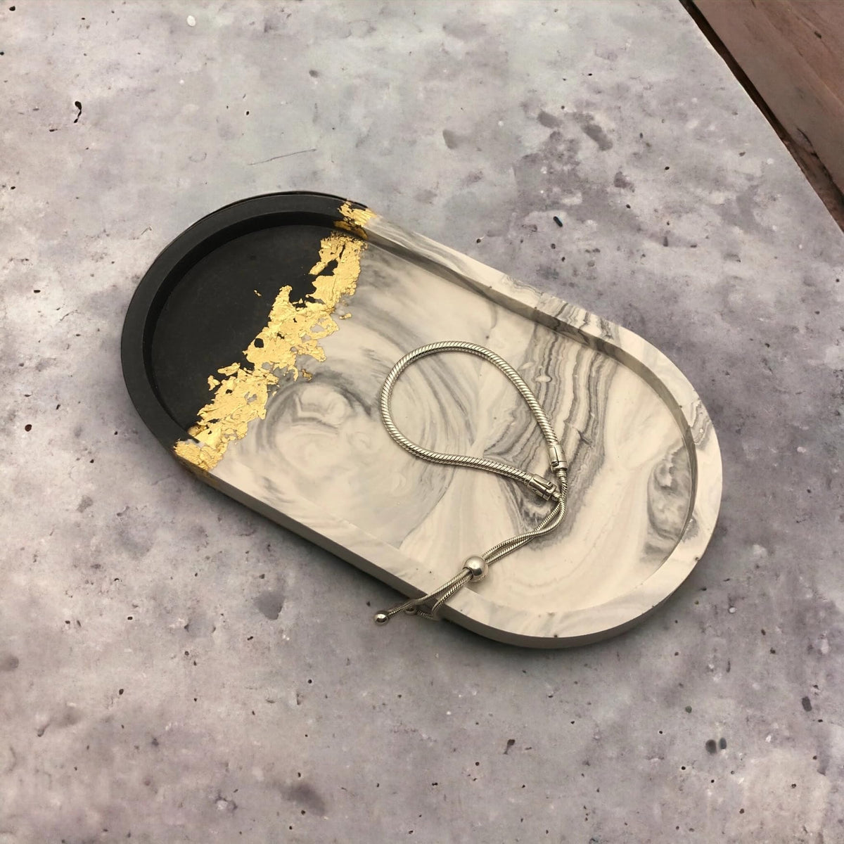 Handmade Jesmonite Oval Vanity Tray - Grey Marble Effect with Gold/Copper/Silver Leaf Detail | Decorative | Jewellery | Trinket