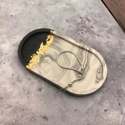 Handmade Jesmonite Oval Vanity Tray - Grey Marble Effect with Gold/Copper/Silver Leaf Detail | Decorative | Jewellery | Trinket