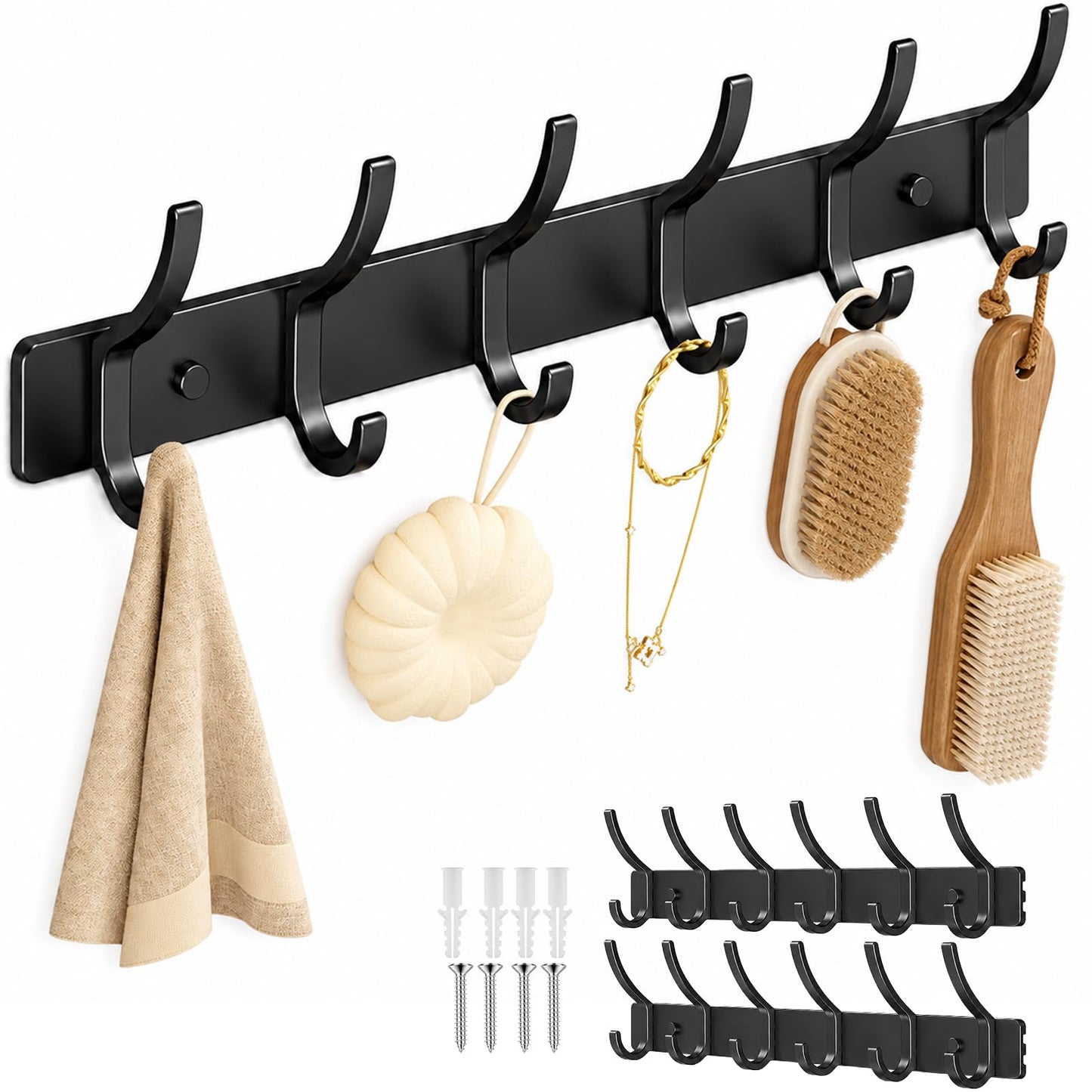 2 Pack Black Wall Mounted Coat Hooks, Heavy Duty Metal 6 Hooks Rust-Proof for Hanging Hats Clothes Jackets Towels Keys