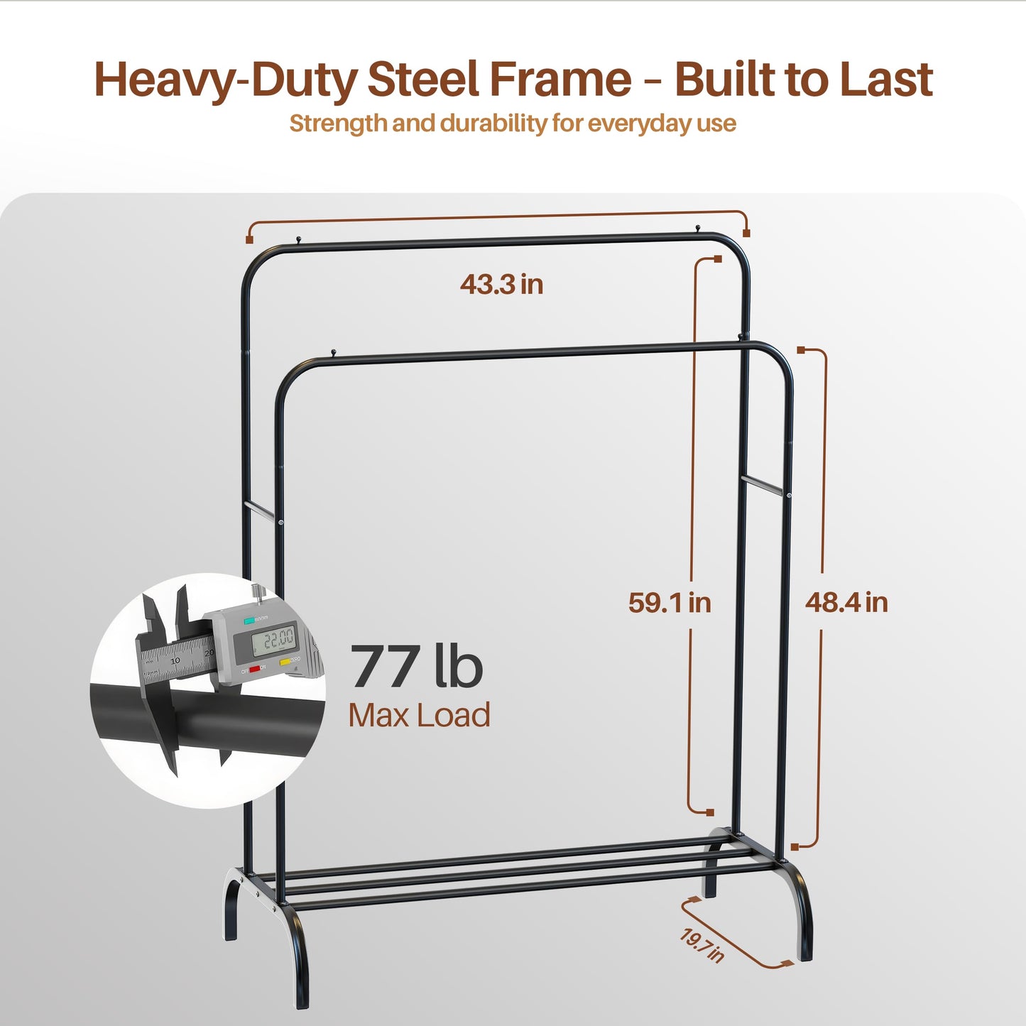PORTENTUM Heavy Duty Steel Clothes Rack - Up to 35 kg - Double Bar Organizer and Shoe Rack - Free Standing Coat Racks with Non-Slip Feet