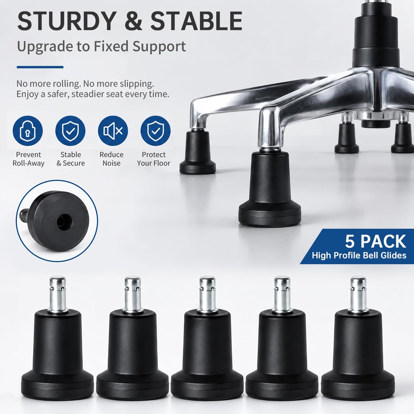5Pcs High Profile Bell Glides Replacement Stool Swivel Caster Wheels or Office Desk Chair