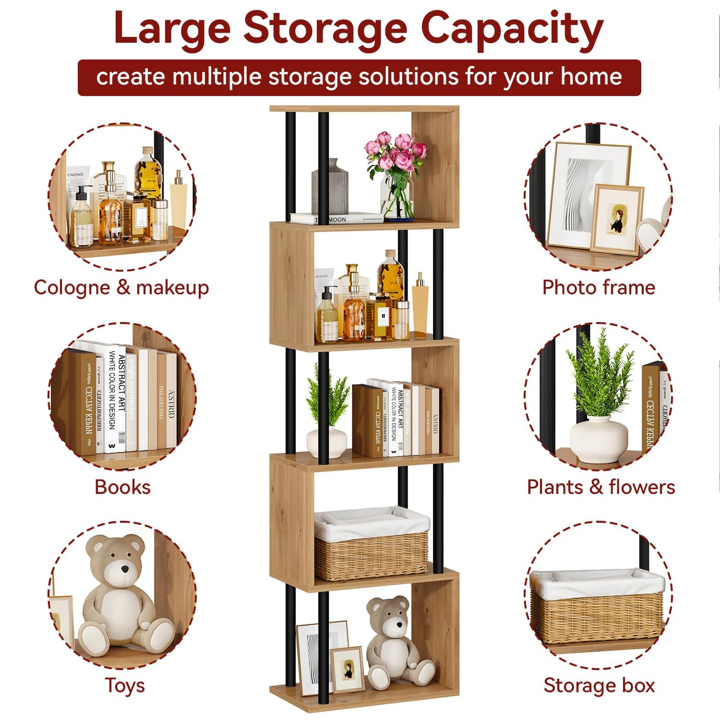 IBUYKE 6-Tier Tall Bookshelf,S-Shaped Geometric Bookcase,Oak WBC016K
