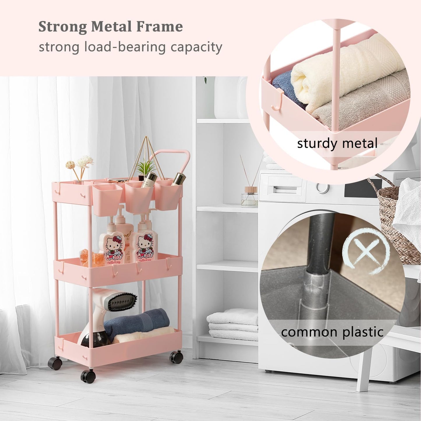 danpinera 3-Tier storage trolley, storage trolley on wheels, beauty trolley with Dividers & Hooks & Hanging Cups, kitchen trolley