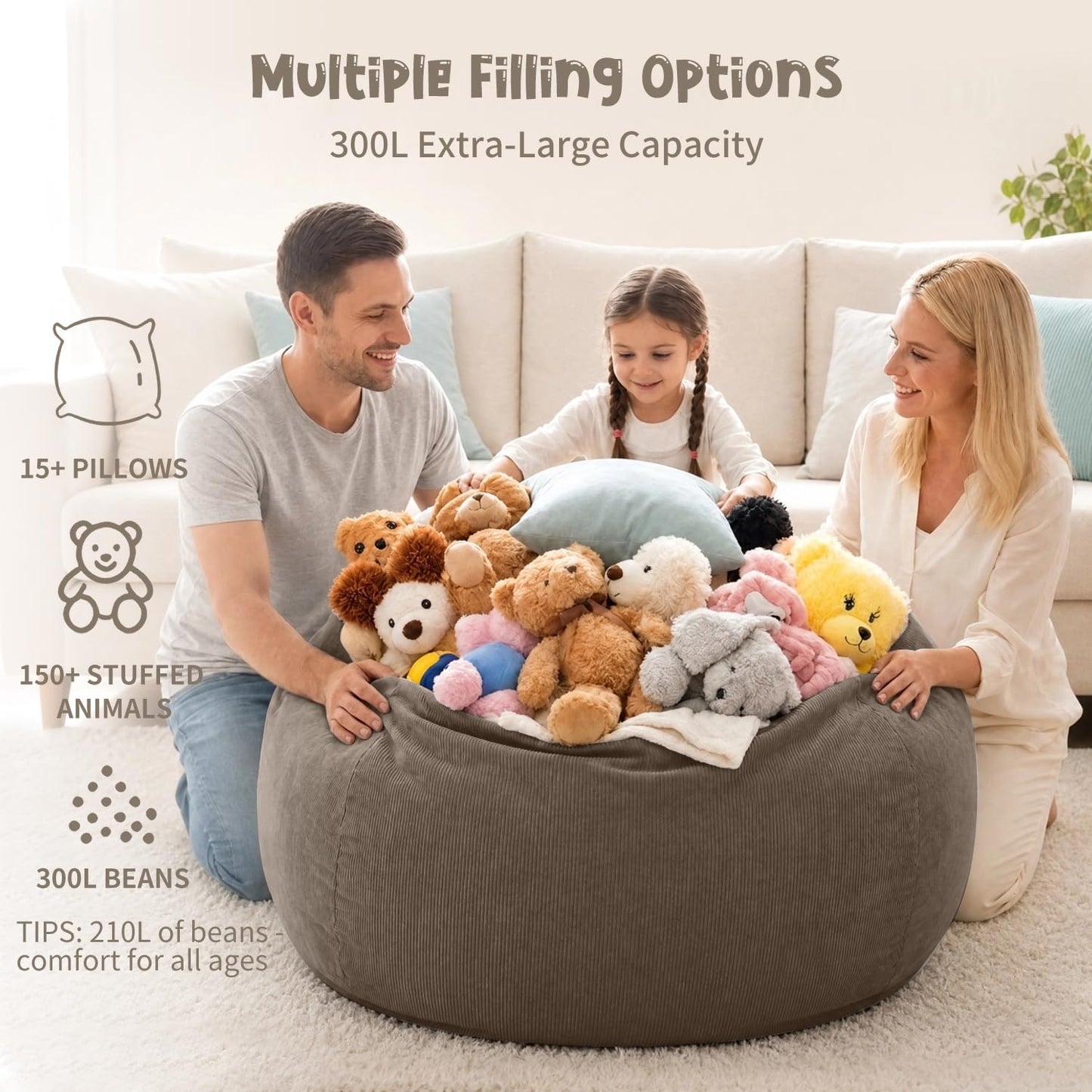 Nobildonna 3 ft Bean Bag Chair Cover (No Filler) for Adults and Kids 300L Extra Large Stuffed Animal Storage Bean Bag Washable Soft Premium Corduroy