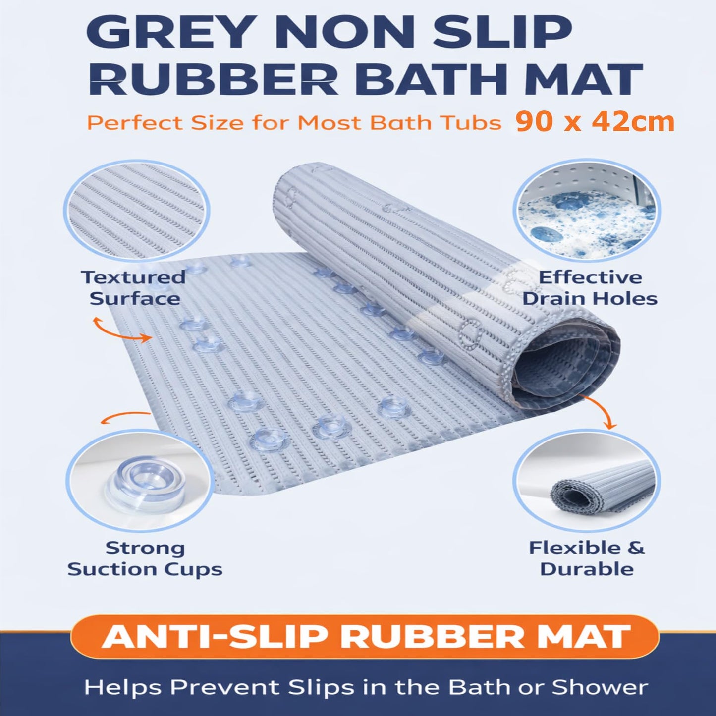Non Slip Bath Mat Pvc Rubber With Secure Grip Suction Cups And Drain Holes Easy Clean Long Anti Mould Bathtub Mat 90cm x 42cm Ideal For Elderly Or