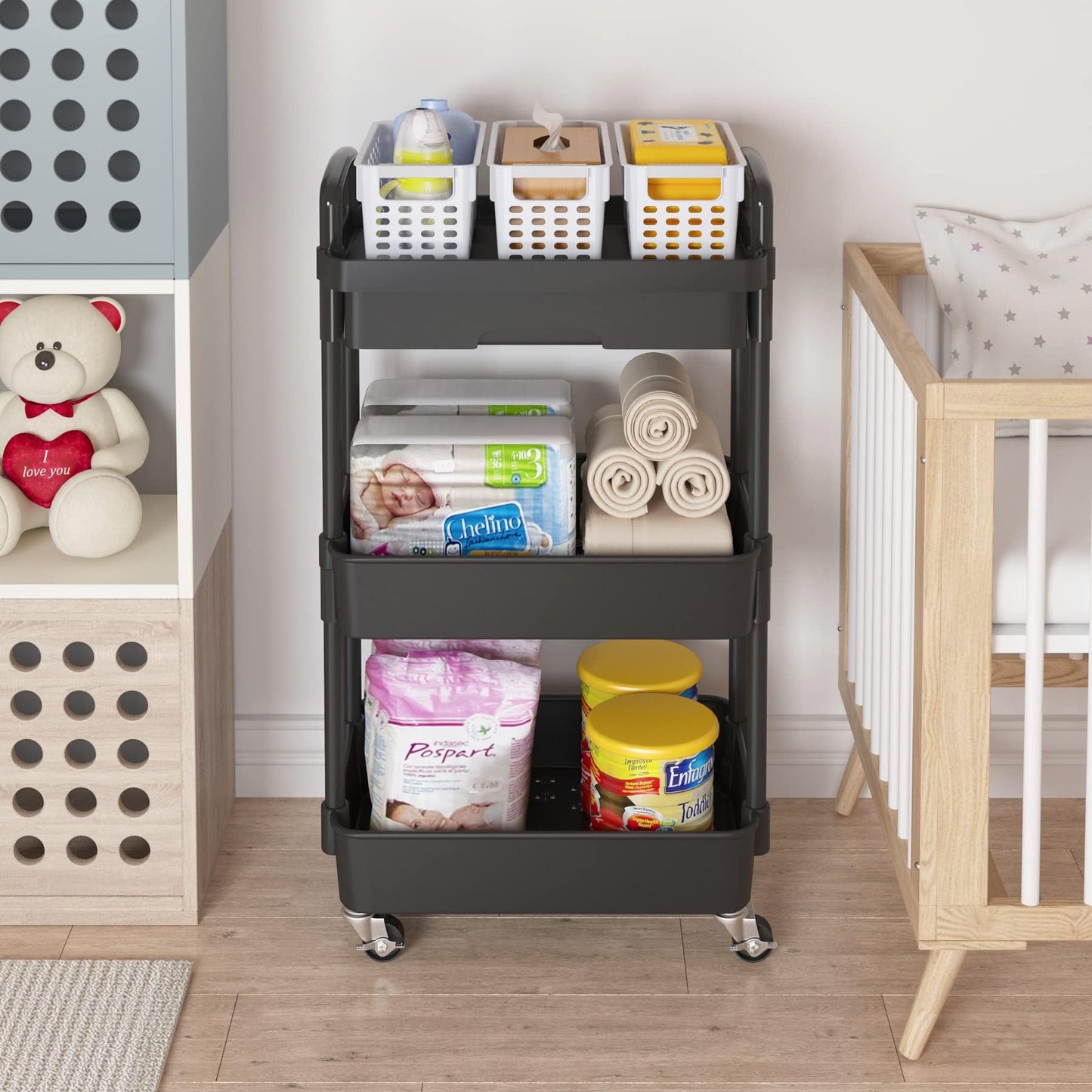 Wuciray Beauty Trolley on Wheels 3 Tier Storage Trolley with Drawer Plastic Beauty Trolleys Rolling Utility Cart for Home Kitchen Bathroom Laundry