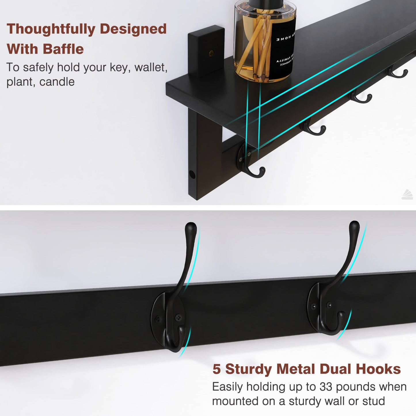 SMIBUY Coat Hooks with Shelf Wall-Mounted, 74 cm Entryway Coat Rack for Wall, Bamboo Hanging Shelf with 5 Double Metal Hooks for Bathroom, Bedroom