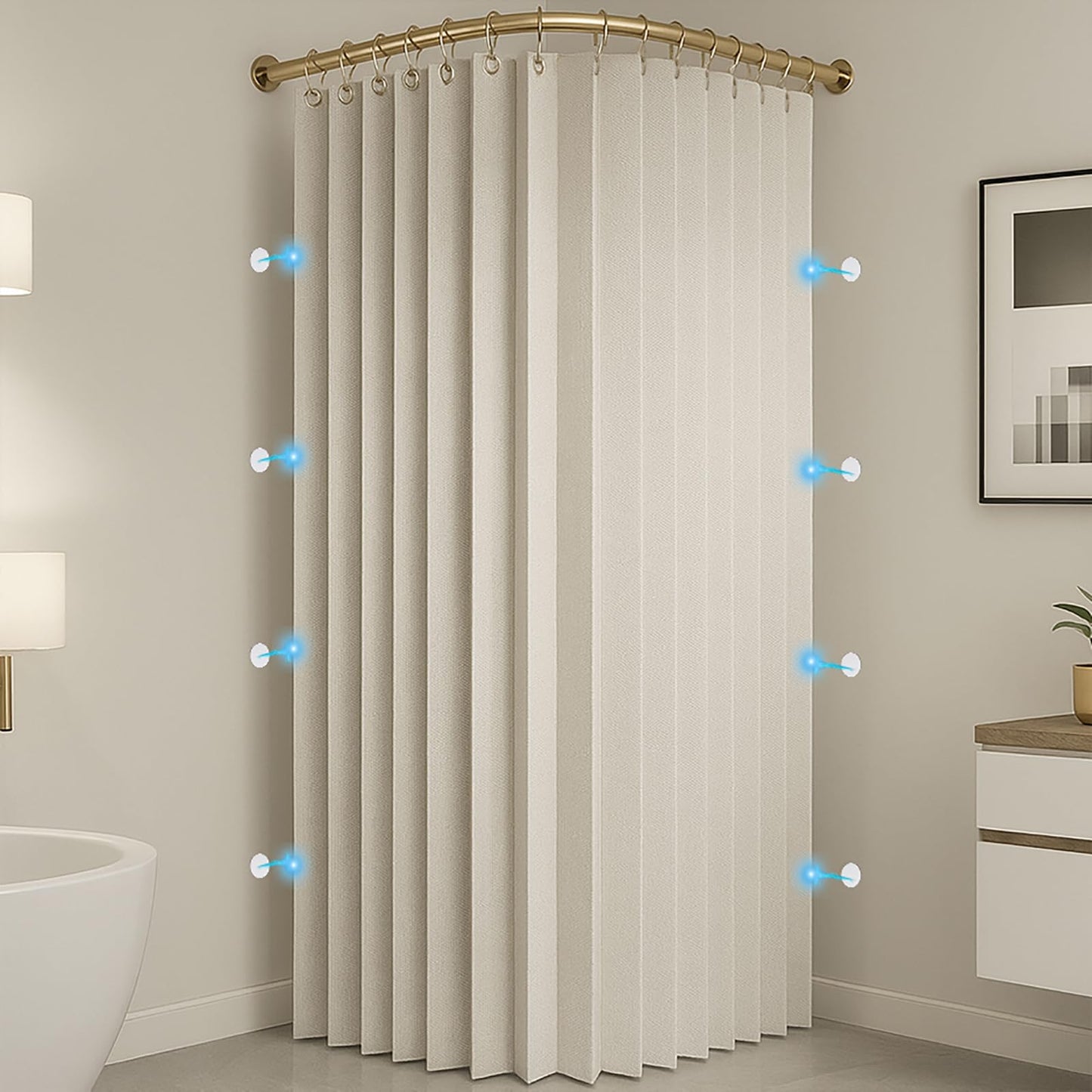 Momooda Waterproof Magnetic Fabric Shower Curtain with Hooks, Folidng Washable Bathtub Corner Anti Mould Shower Curtains for Bathroom, 230gsm, Beige