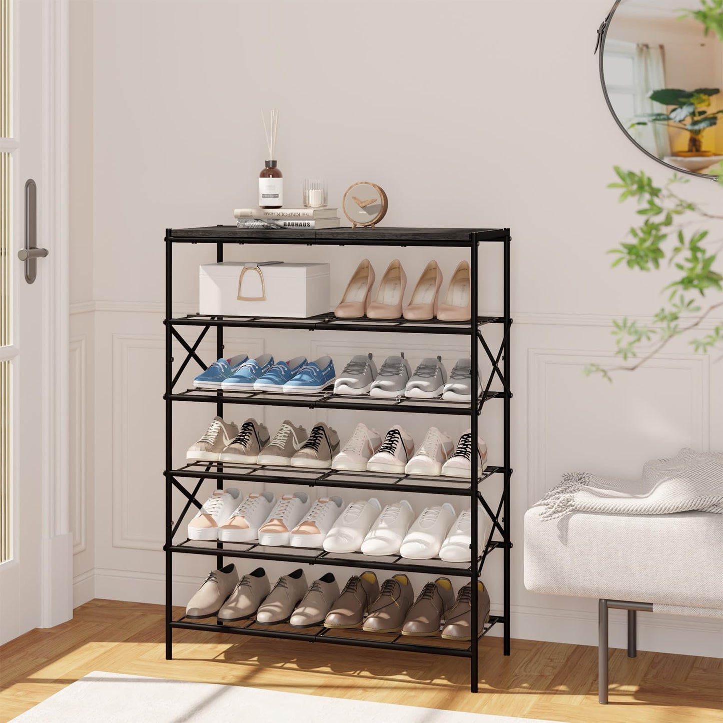 IBUYKE 6 Tier Shoe Storage Rack with Shelf, Large Capacity Metal Shoe Storage Organizer for 24 Pairs of Shoes, for Entryway Hallway Closet Garage