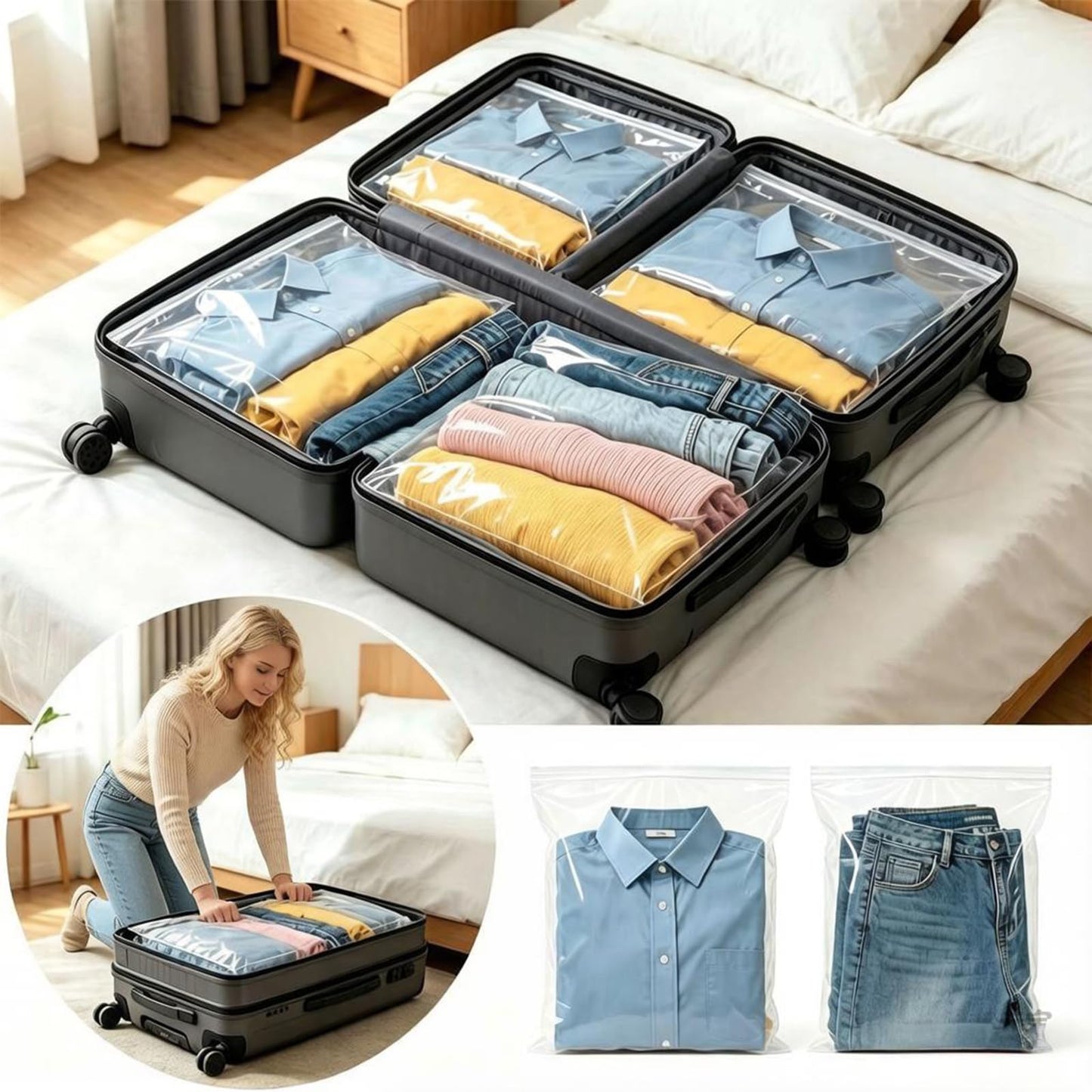 Ziplock Bags for Clothes, 25Pcs Large Clear Plastic Storage Bags 60x40cm