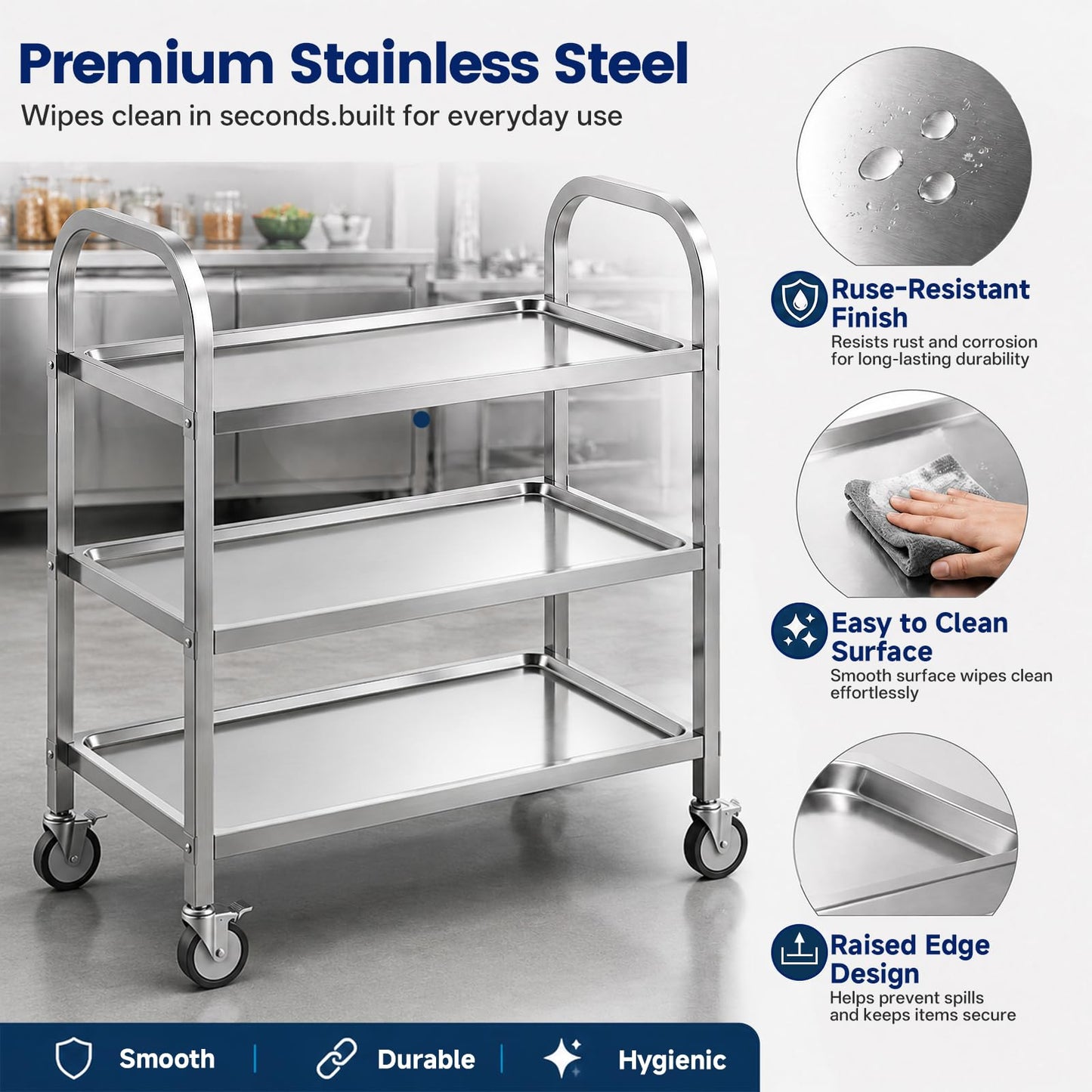 3 Tier Stainless Steel Cart, Rolling Catering Storage Cart (75×40×83cm)