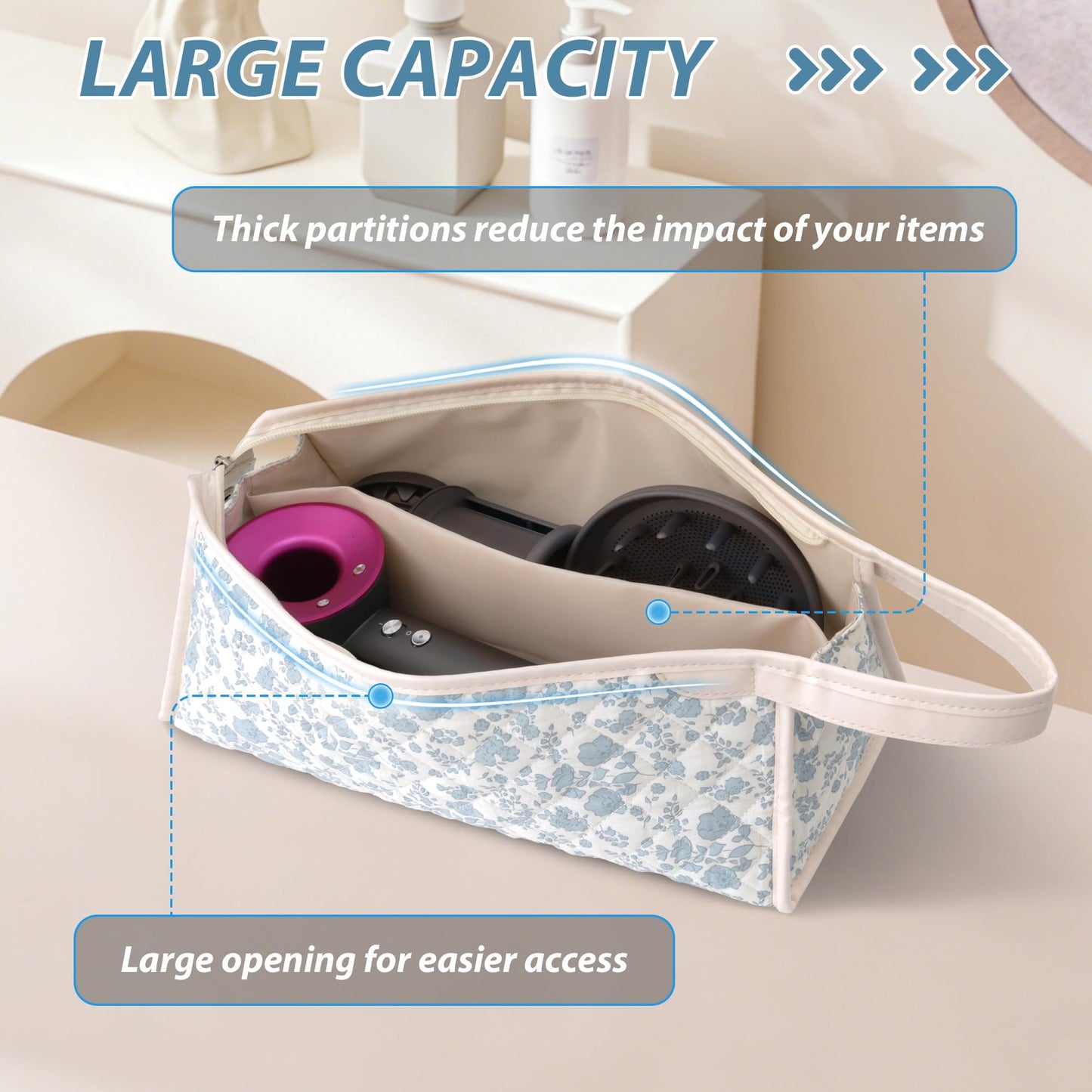 Linpr Travel Organizer Bag Compatible with Dyson Hair Dryer, Flower Blue