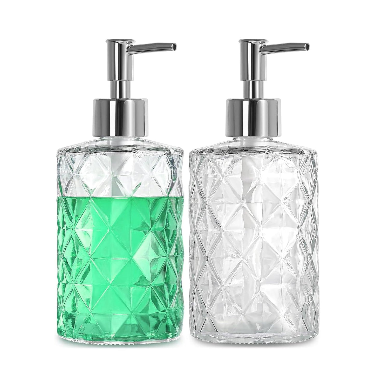 Glass Soap Dispenser 2pc, Diamond Crystal Transparent Style with Plastic Pump，Handwash Dispenser Bottle, Used in Kitchen and Bathroom