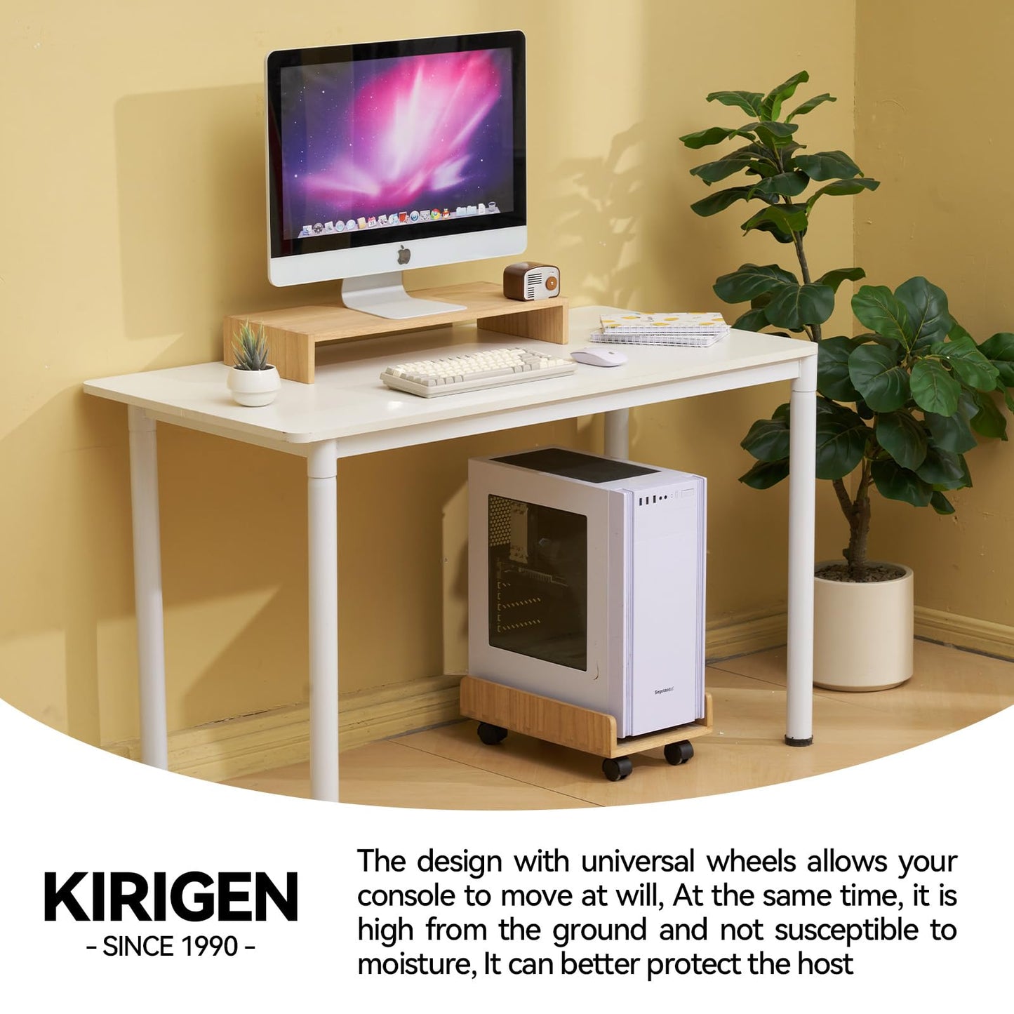 KIRIGEN Wooden CPU Stand PC Cart for ATX Tower, Adjustable Computer Tower Stand with Locking Caster Wheels, Solid Wood Mobile Desktop Case Holder