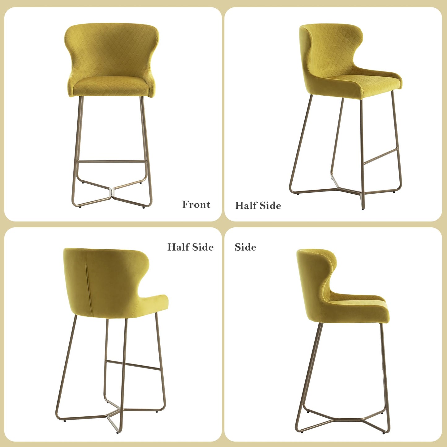 younturn Modern Velvet Bar Stools Set of 2, 70cm Seat Height Barstools with Quilted Backrest, Gold Metal Legs and Footrest, Stools for Kitchen Island