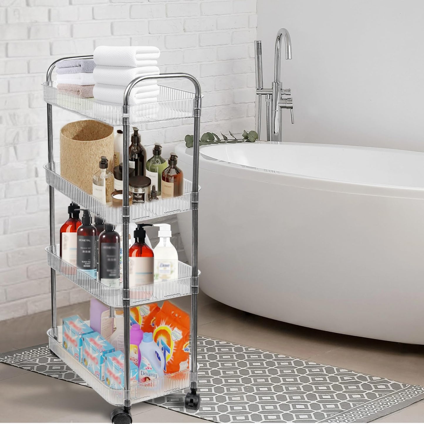Speclux 4-Tier Clear Acrylic Rolling Storage Trolley on Wheels with Bonus Hanging Cups, Lockable Wheels & Handle