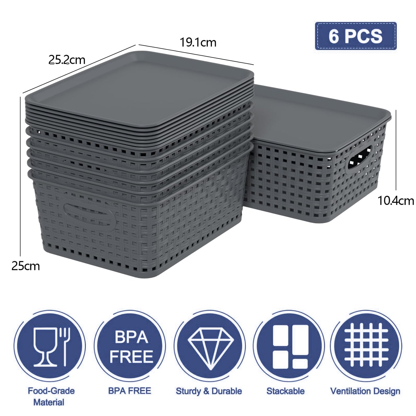 Vadidiya 6 Pack Plastic Weave Storage Baskets with Lids, Grey lidded Bins