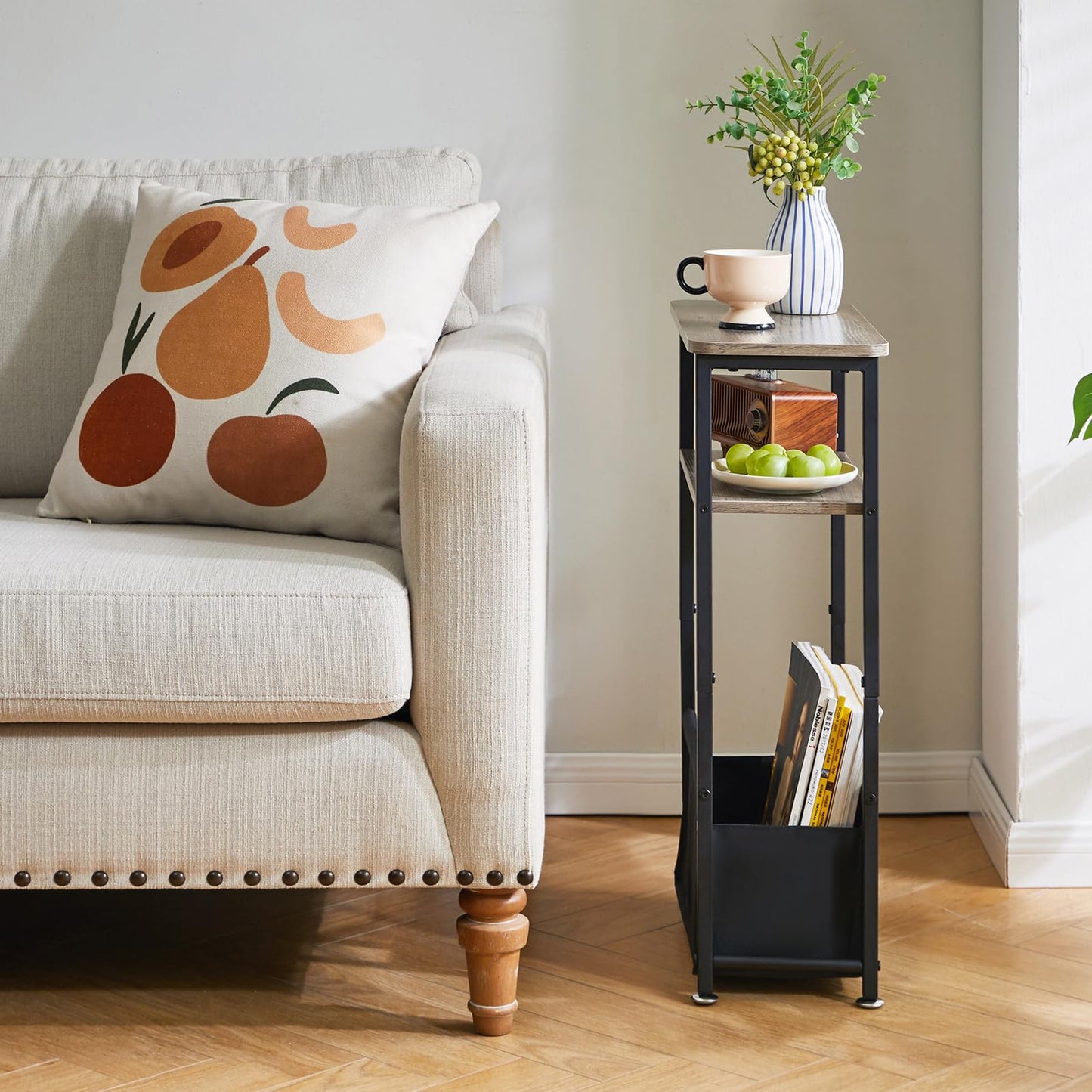 Aibiju Narrow Side Table, Slim Small Table 40x20x66cm, 3 Tier End Table with Storage Fabric Basket, Small Nightstand for Bedroom, Living Room