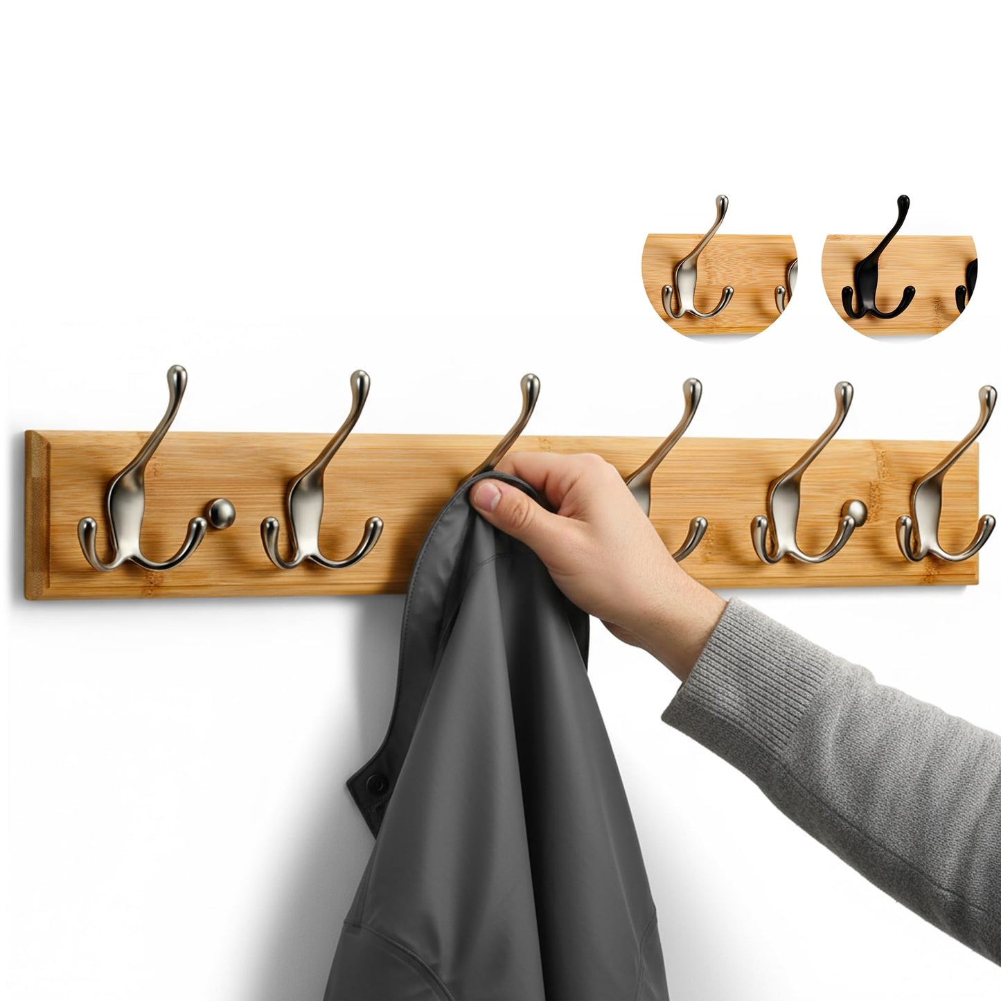 LARHN Wooden Wall-Mounted Coat Rack - 6 Matt-Nickel Coat Hooks, 59cm