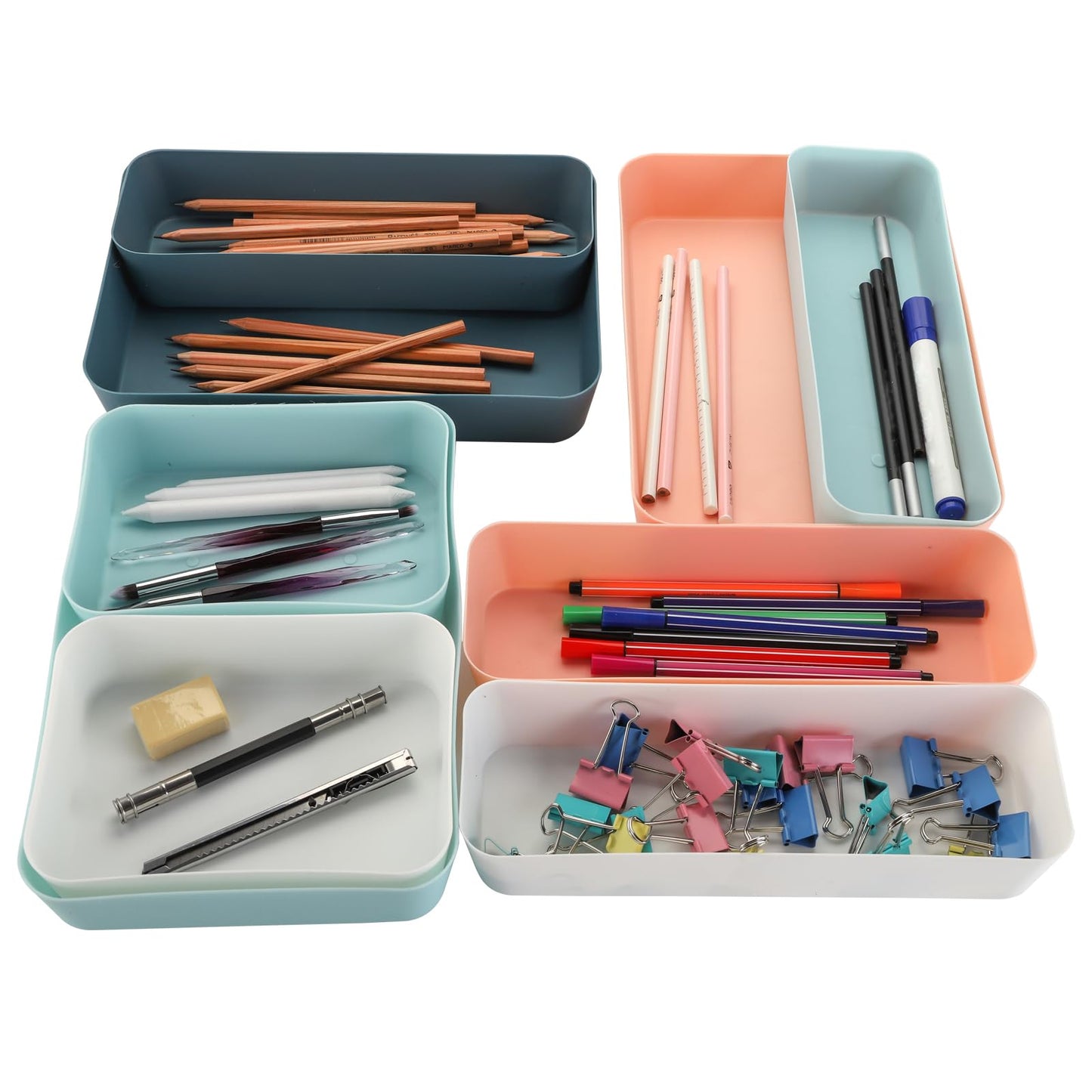 Suwimut 12 Pieces Plastic Drawer Organizer Set, 3 Size Desk Drawer Organizer Divider Trays for Makeup, Jewelry, Utensils, Gadgets