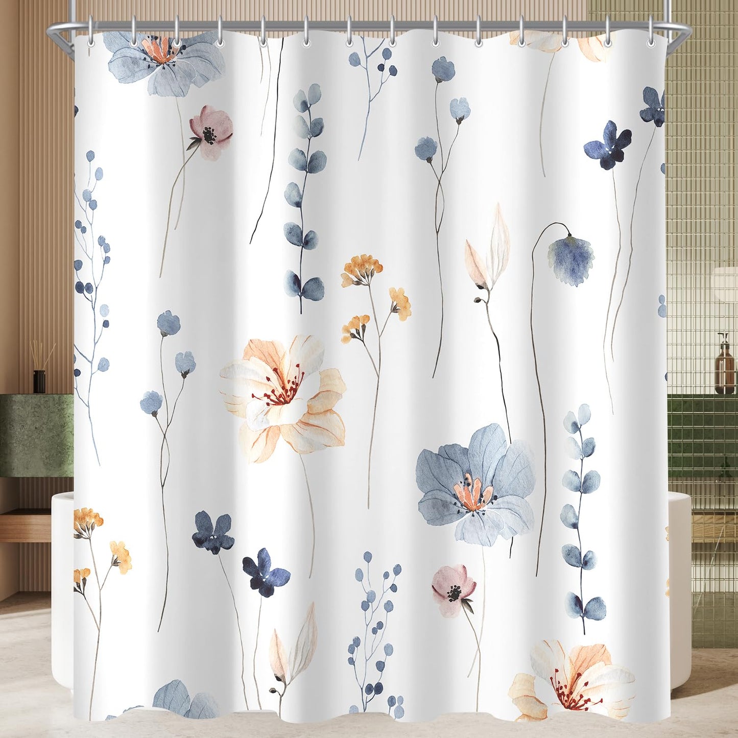 Lerores Shower Curtain, 180 x 180 cm, Blue Flower, Weighted Hem, Anti-Mould, Water-Repellent, Washable Polyester Bath Curtains with 12 Eyelets and