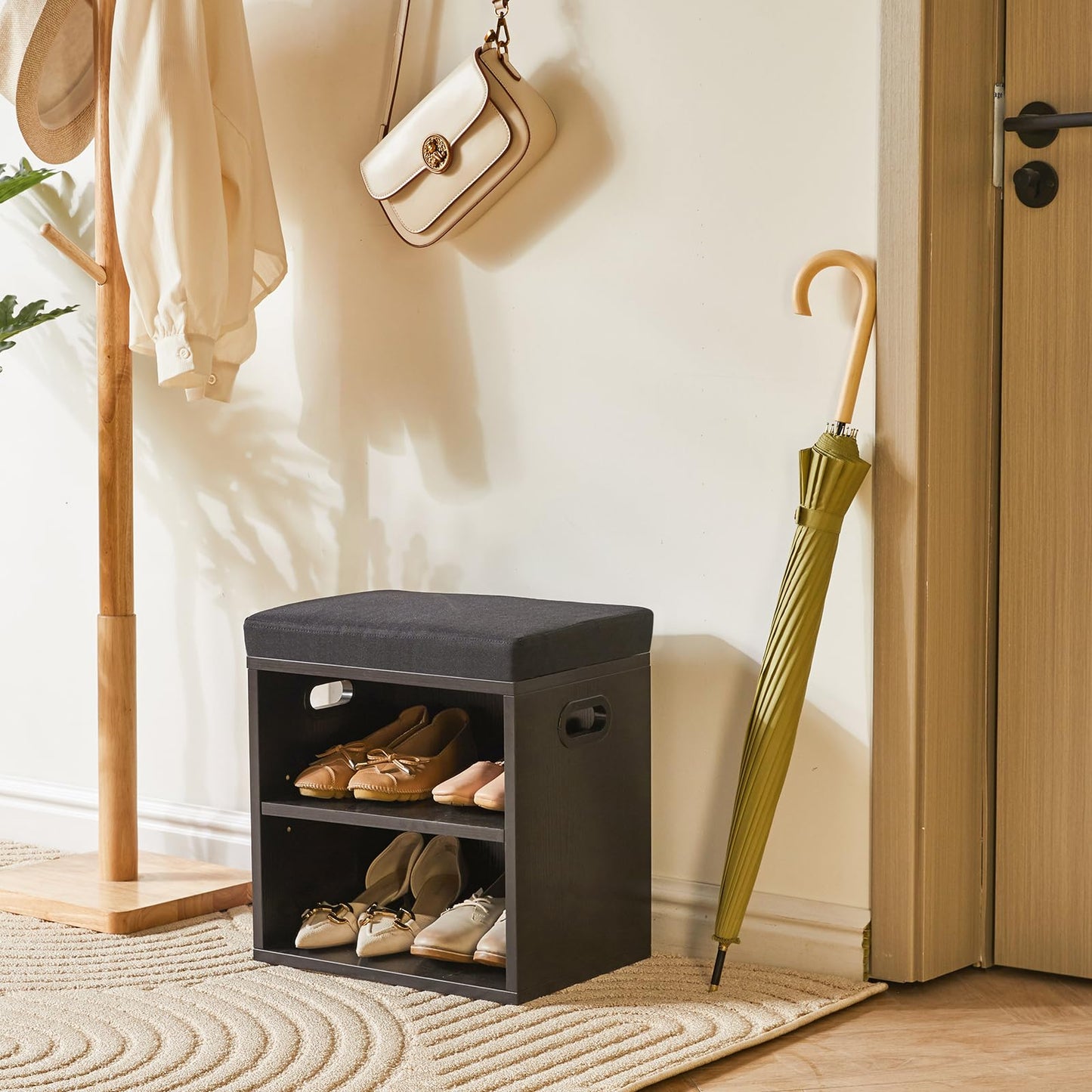YMYNY Small Shoe Storage Bench with Cushion, Black, HBD028B