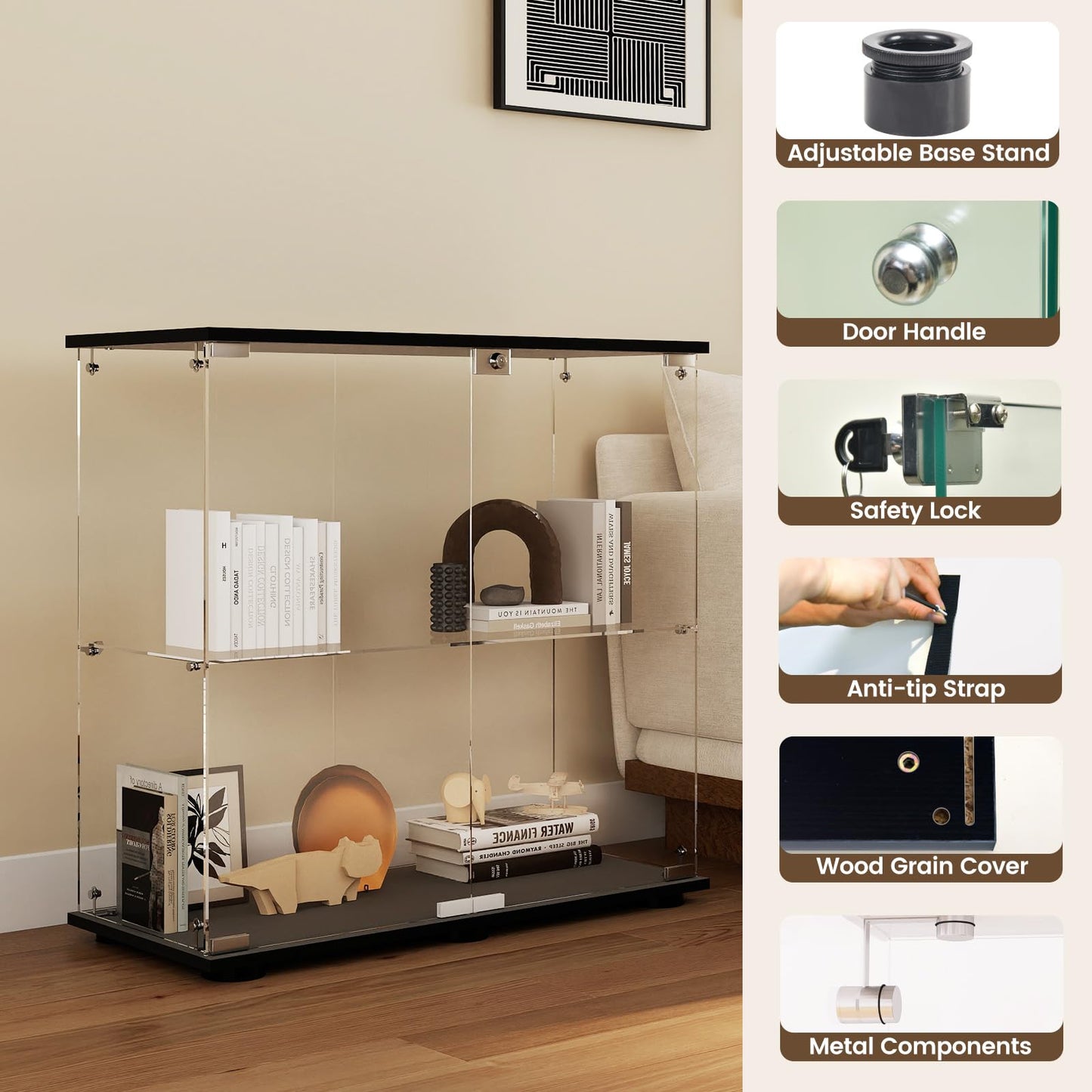Beauty4U 2-Shelf Double Door Glass Display Cabinet, 83cm Tall, Black