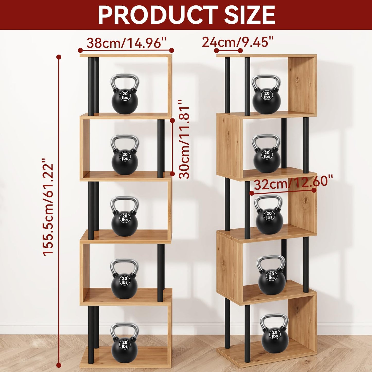 IBUYKE 6-Tier Tall Bookshelf,S-Shaped Geometric Bookcase,Oak WBC016K
