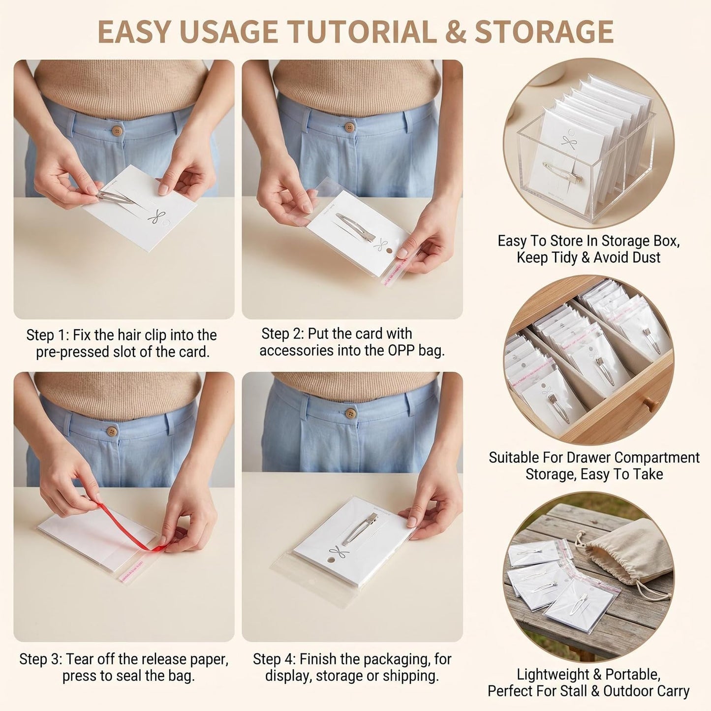100PCS Hair Clip Display Cards with 100PCS Clear Bags Paper Cardboard Hair Barrettes Hairpin Card Holder for Jewelry Organizing