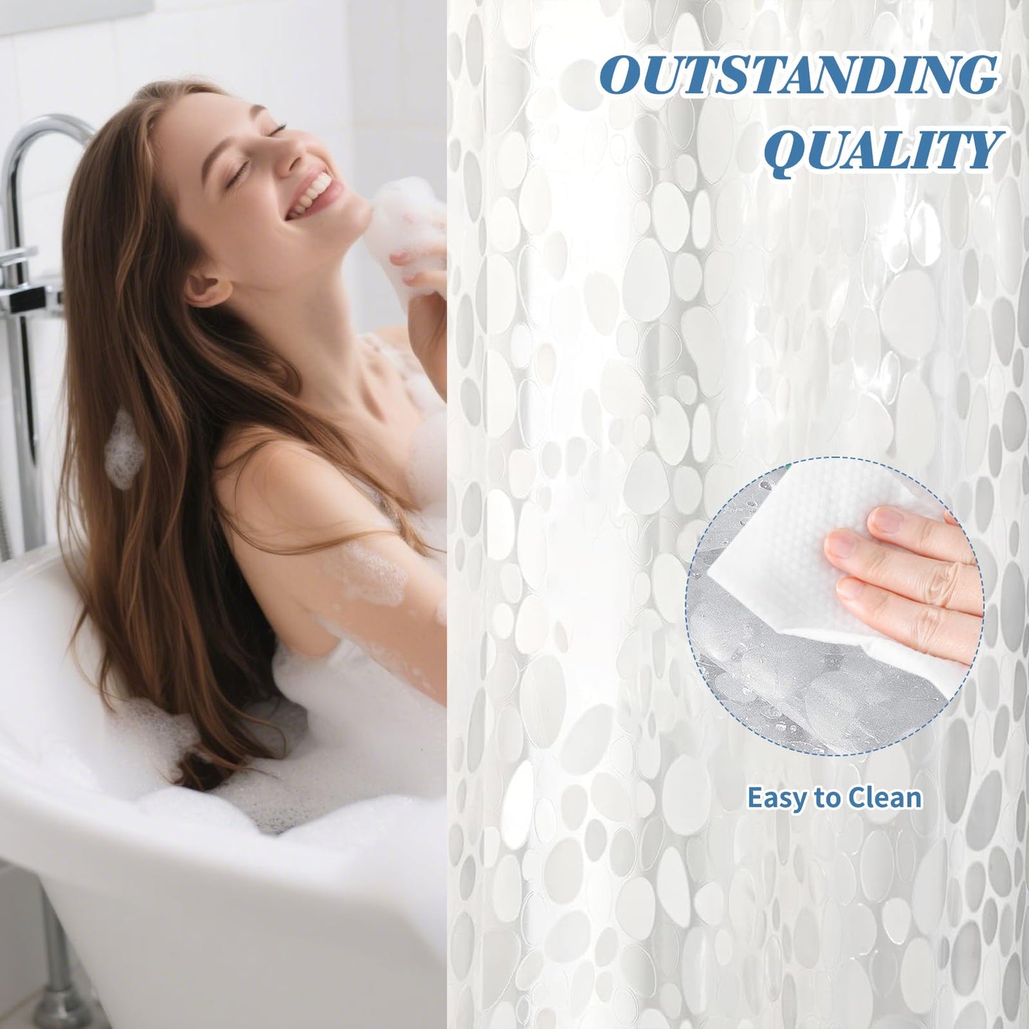 MADGININE Clear Shower Curtain, 180 x 200 cm Waterproof Shower Curtains for Bathroom, 3D Effect Pebble Waterproof Bathroom Curtain with 12 Hooks
