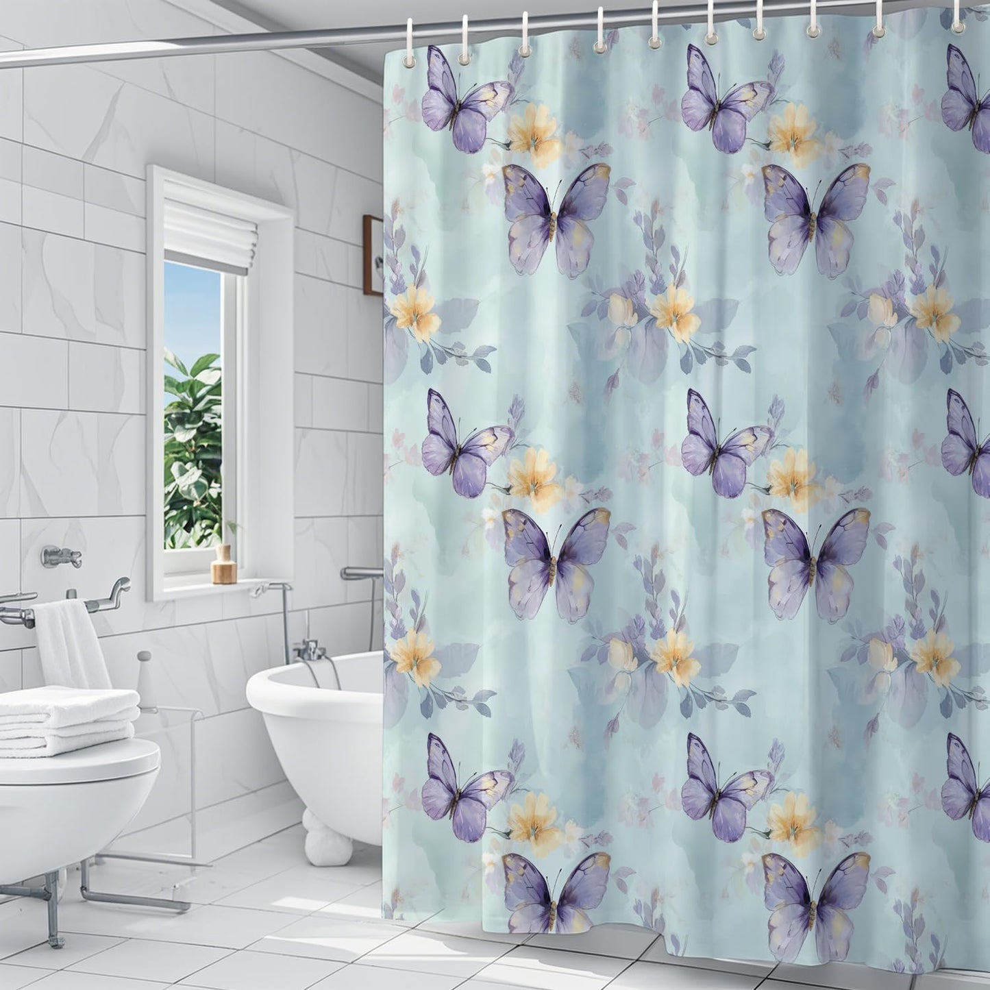 Butterfly Floral Shower Curtain 180x200cm Waterproof Mould Proof with Hooks
